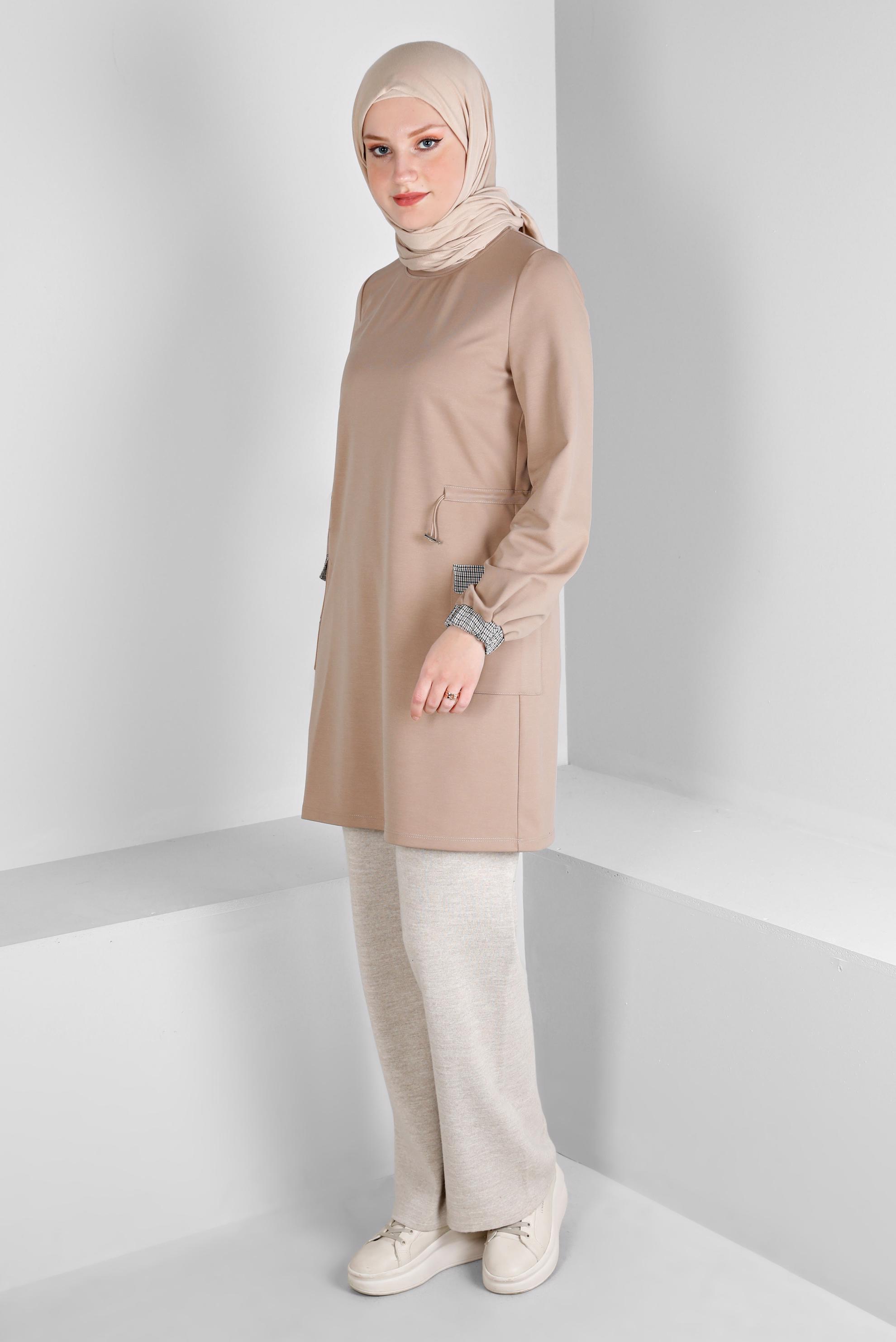 Vêtements hijab BEIGE TUNIQUE DÉTAIL SMOCKAGE AVEC POCHE 43414