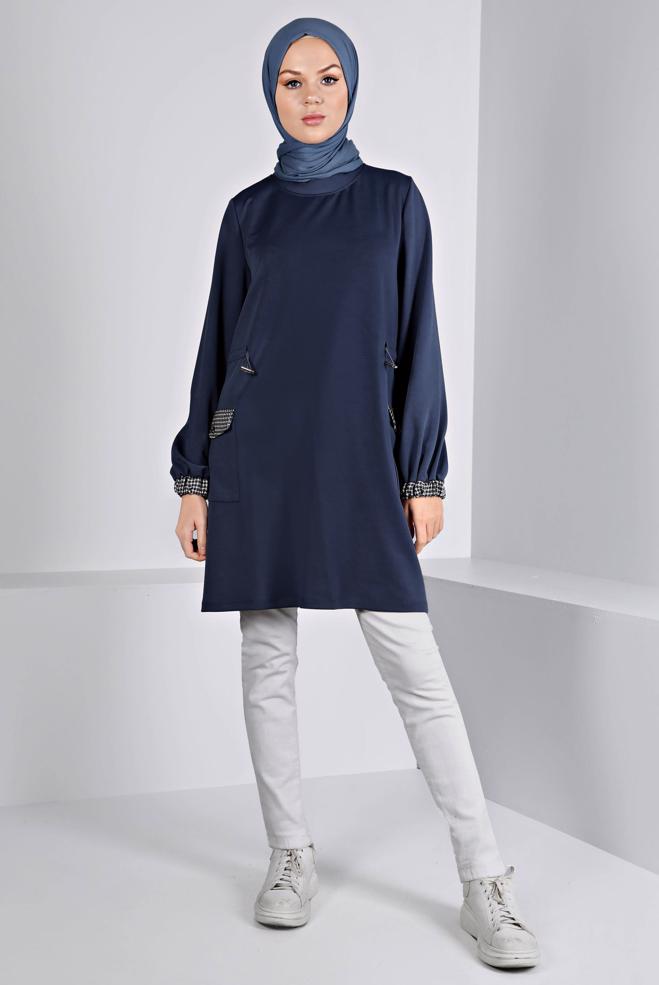 Vêtements hijab BLEU MARINE TUNIQUE TAILLE SMOCKÉE 43414 - ALVİNA