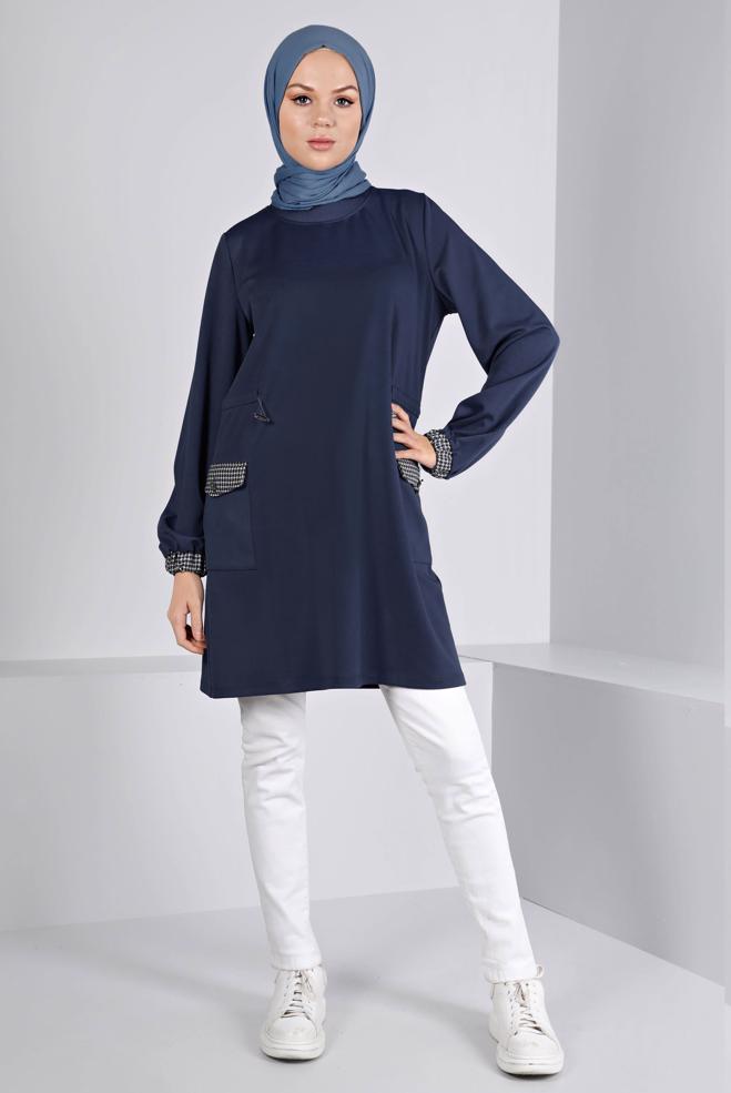Vêtements hijab BLEU MARINE TUNIQUE TAILLE SMOCKÉE 43414 - ALVİNA