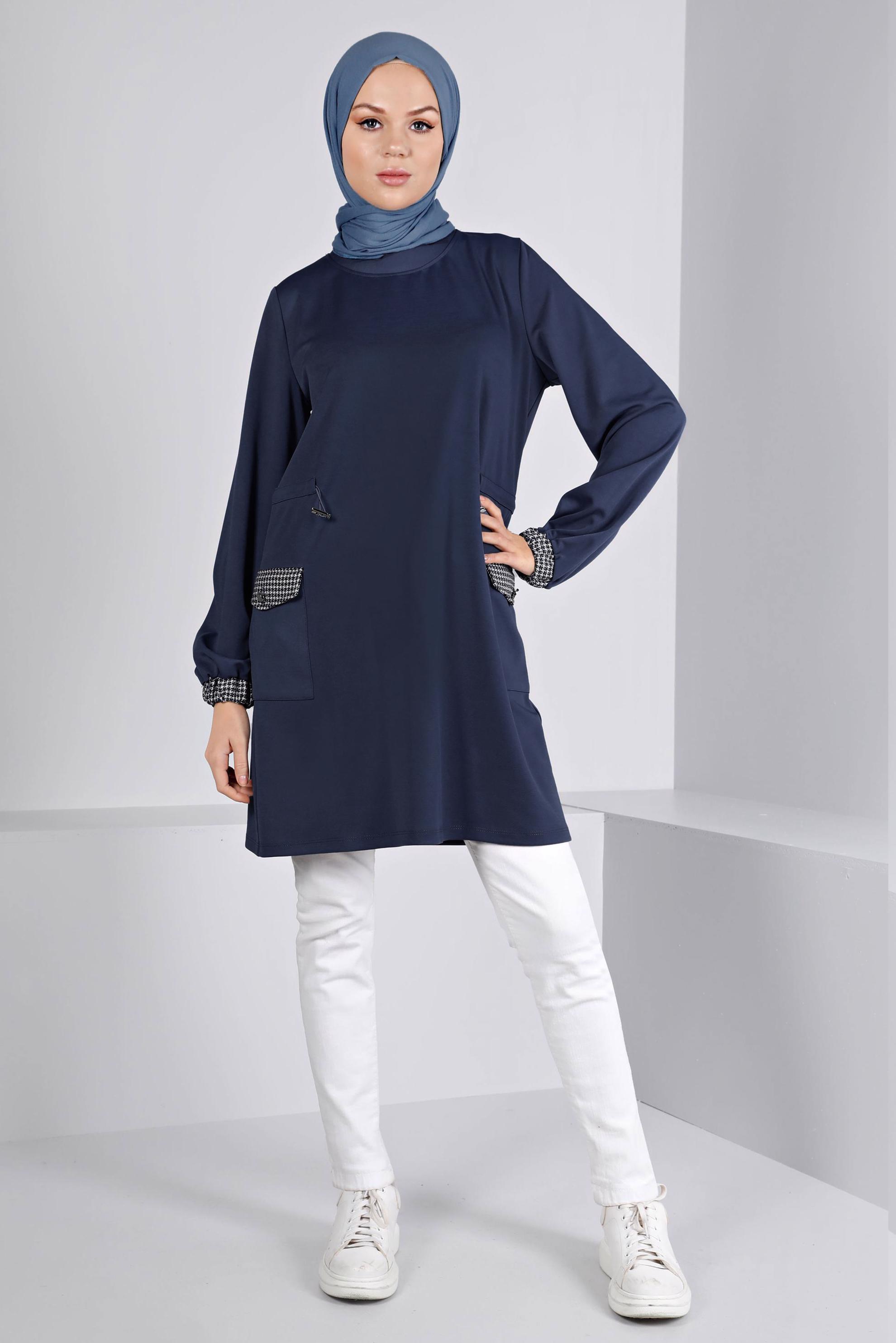 Vêtements hijab BLEU MARINE TUNIQUE TAILLE SMOCKÉE 43414