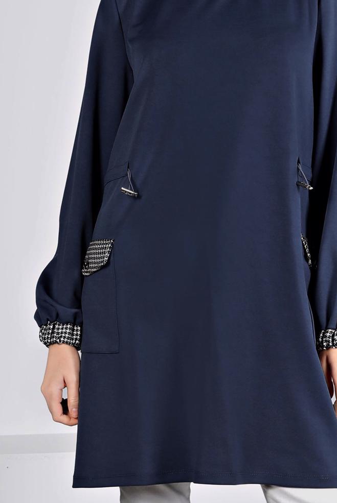 Vêtements hijab BLEU MARINE TUNIQUE TAILLE SMOCKÉE 43414 - ALVİNA