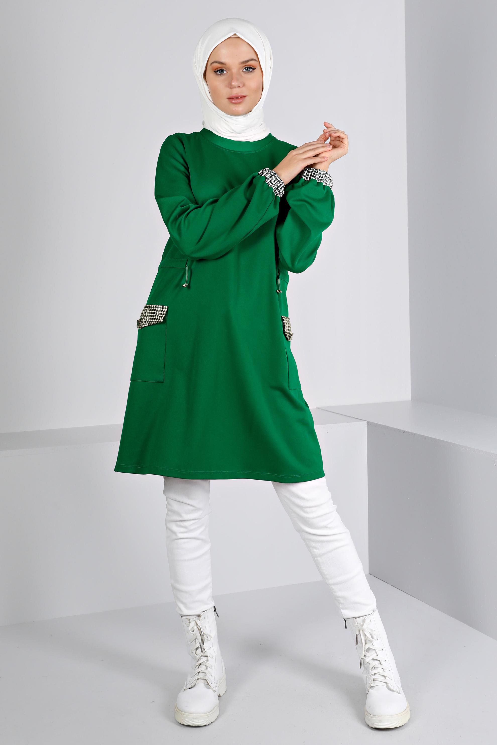 Tesettür giyim YEŞİL BÜZGÜ DETAYLI CEPLİ TUNİK 43414