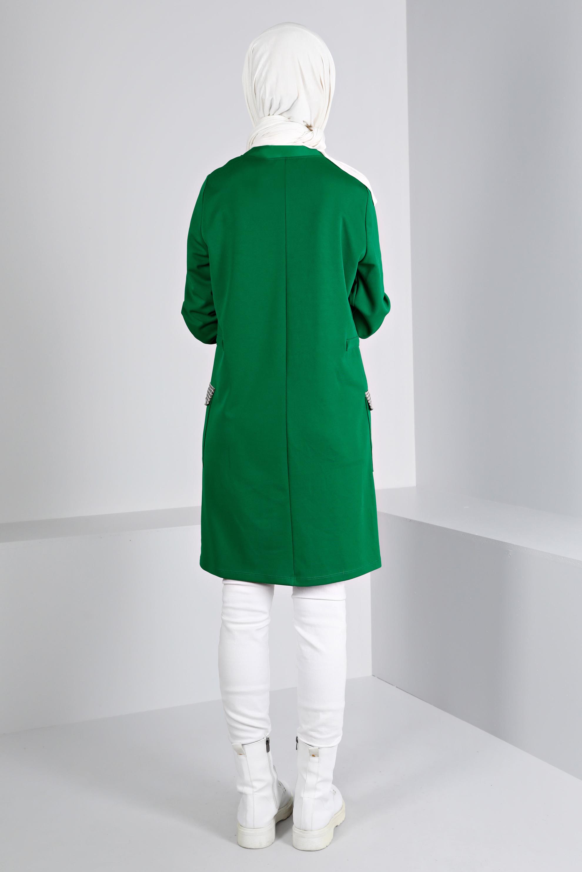 Tesettür giyim YEŞİL BÜZGÜ DETAYLI CEPLİ TUNİK 43414