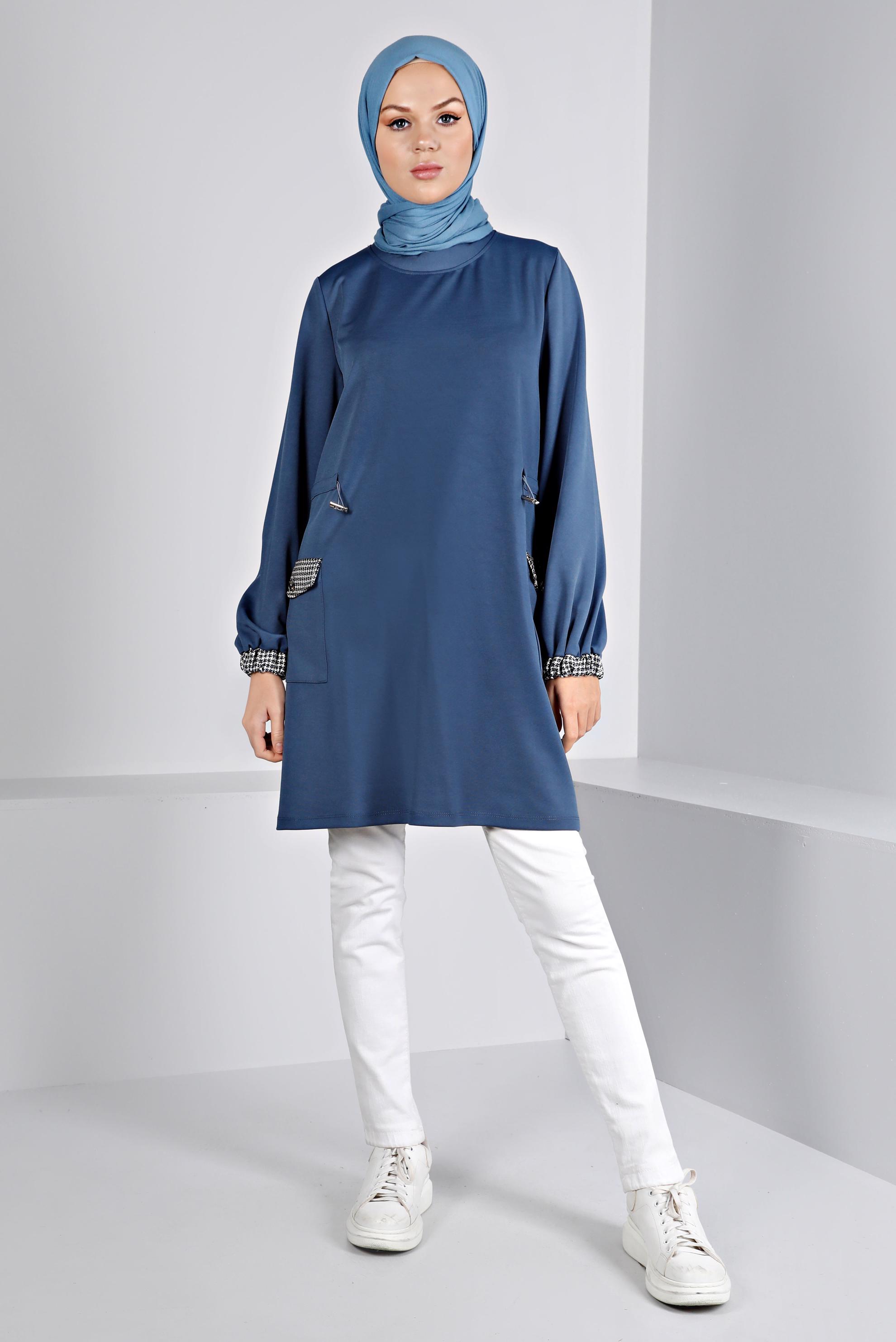 Tesettür giyim LACİVERT BÜZGÜ DETAYLI CEPLİ TUNİK 43414