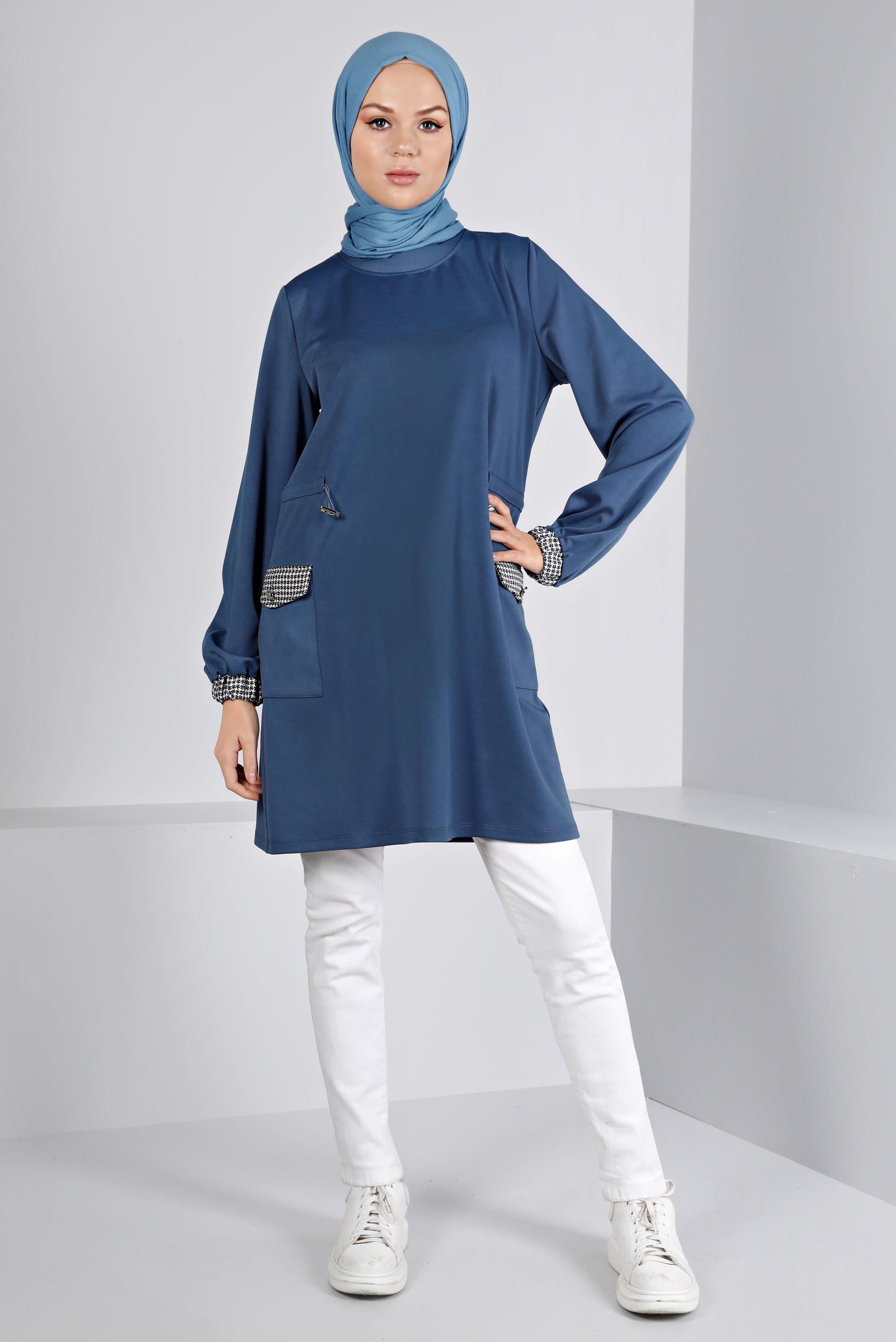 Tesettür giyim LACİVERT BÜZGÜ DETAYLI CEPLİ TUNİK 43414