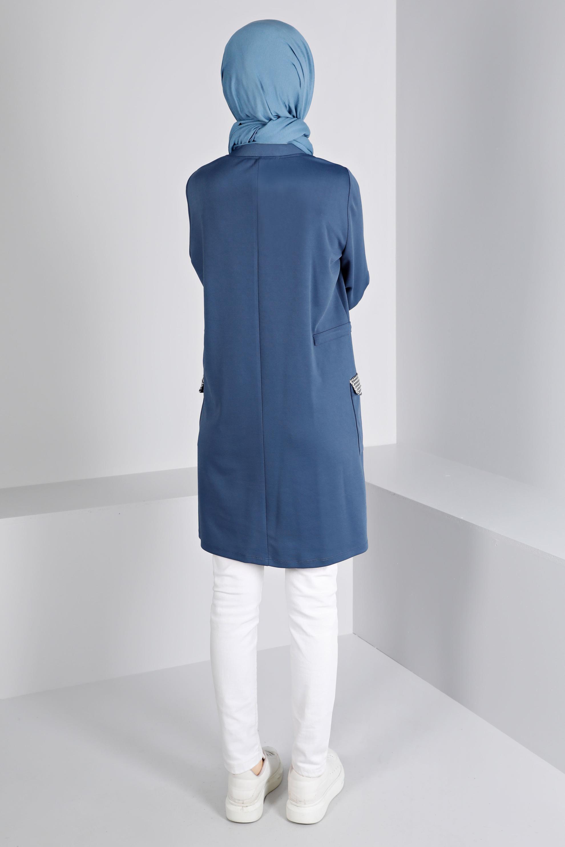 Tesettür giyim LACİVERT BÜZGÜ DETAYLI CEPLİ TUNİK 43414