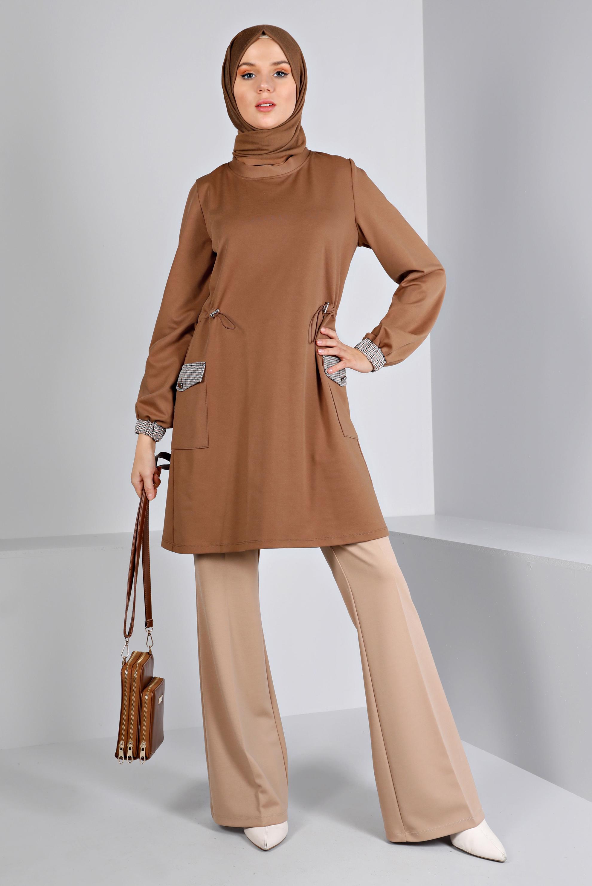 Tesettür giyim TABA BÜZGÜ DETAYLI CEPLİ TUNİK 43414