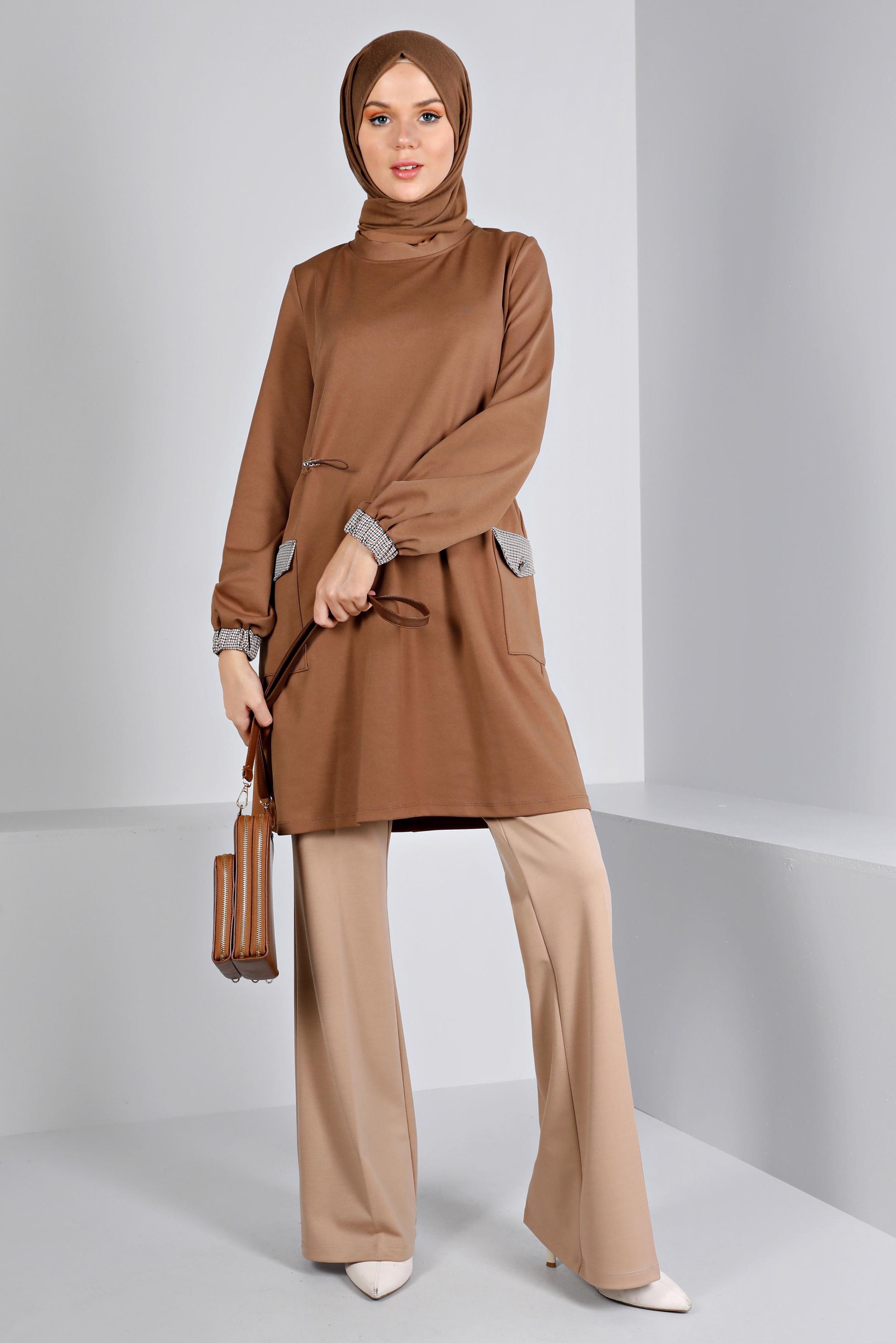 Tesettür giyim TABA BÜZGÜ DETAYLI CEPLİ TUNİK 43414