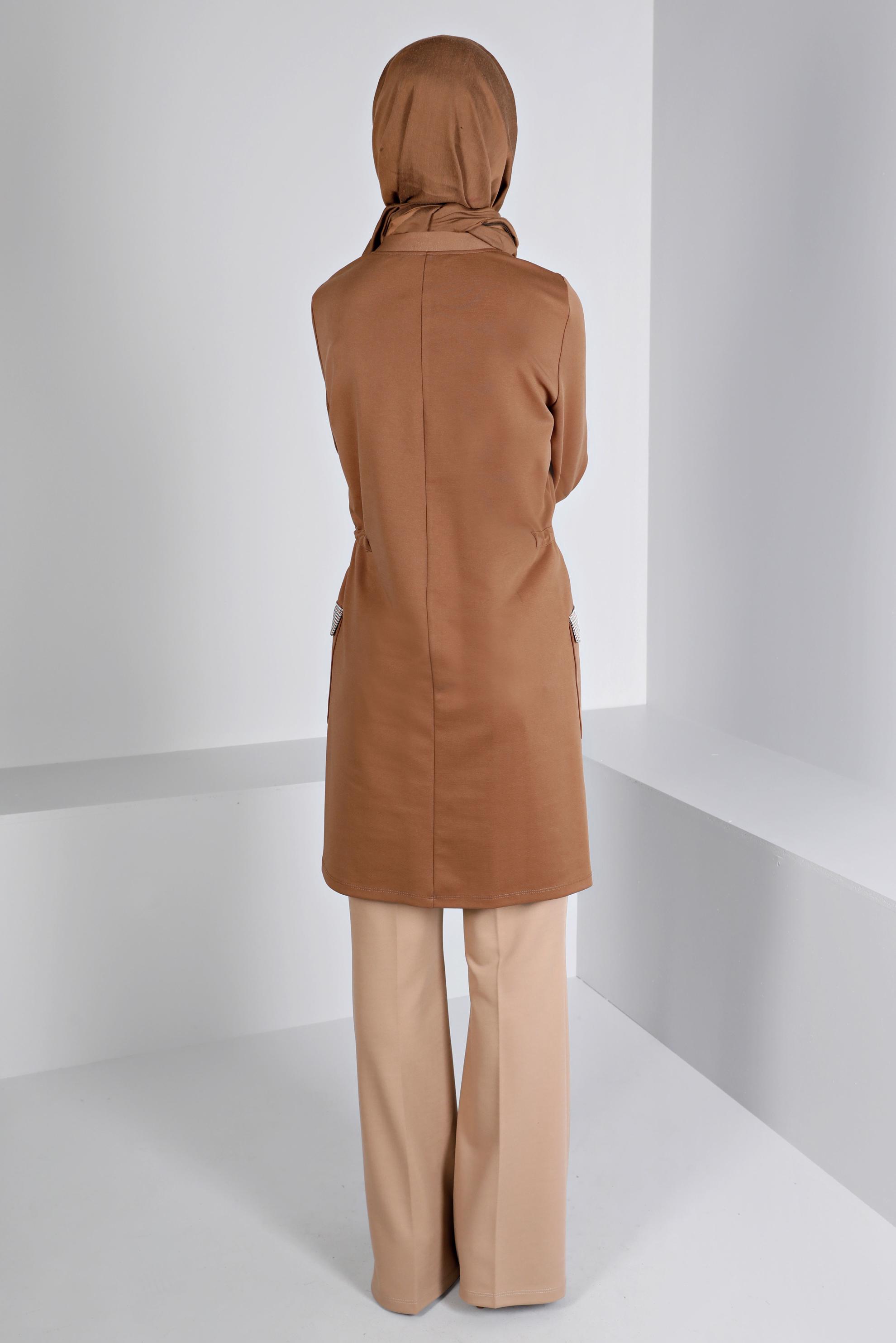 Tesettür giyim TABA BÜZGÜ DETAYLI CEPLİ TUNİK 43414