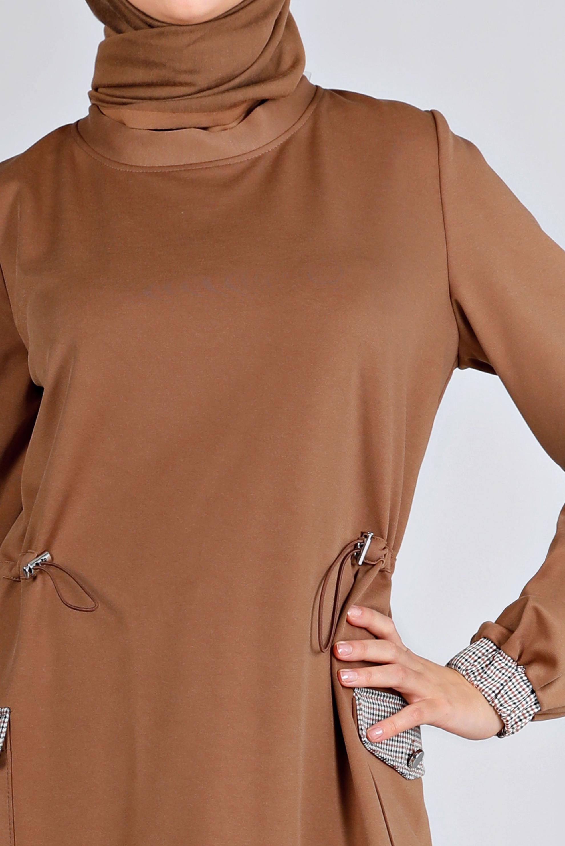 Tesettür giyim TABA BÜZGÜ DETAYLI CEPLİ TUNİK 43414