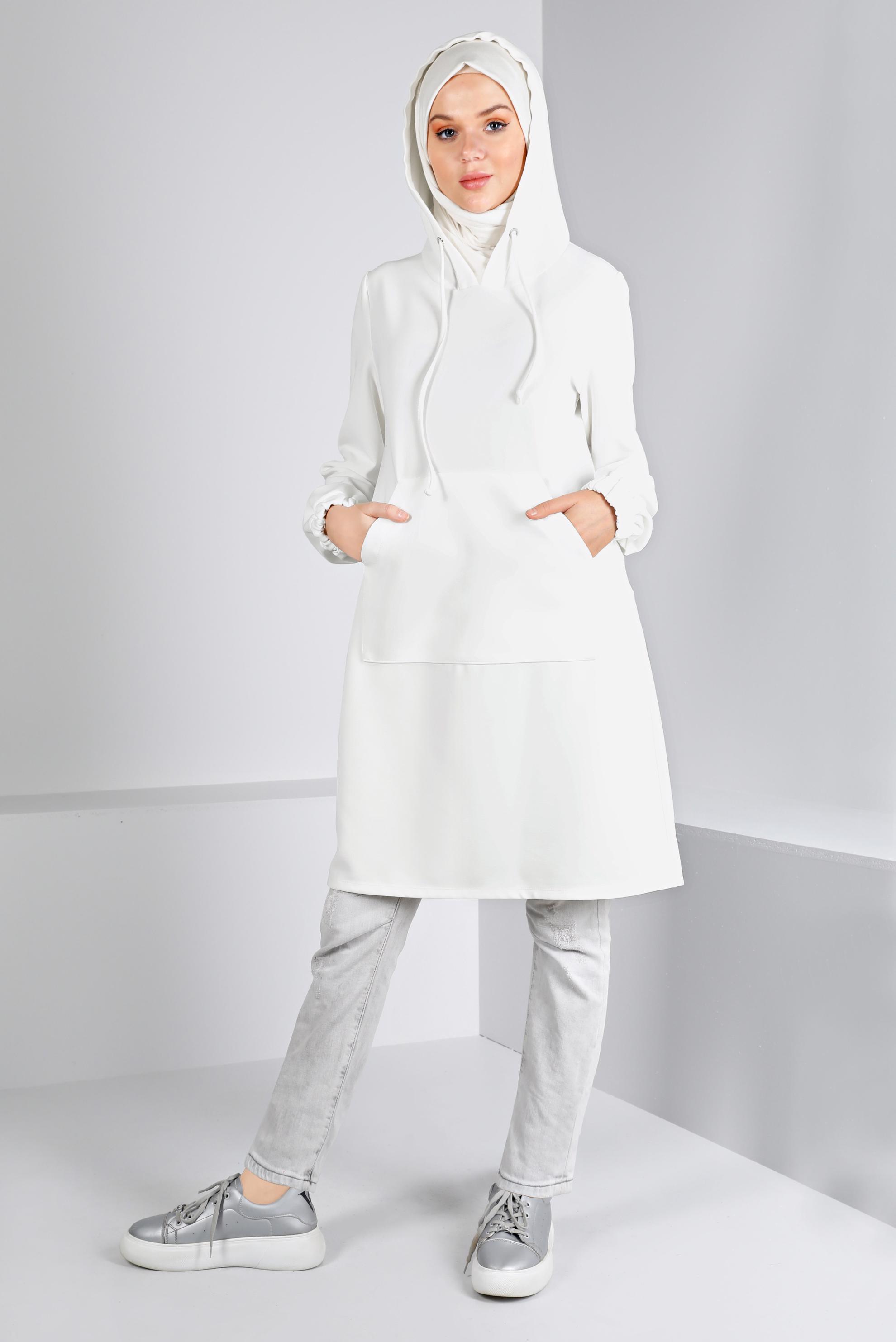 Tesettür giyim BEYAZ MANŞETLERİ LASTİKLİ KAPÜŞONLU TUNİK 43416
