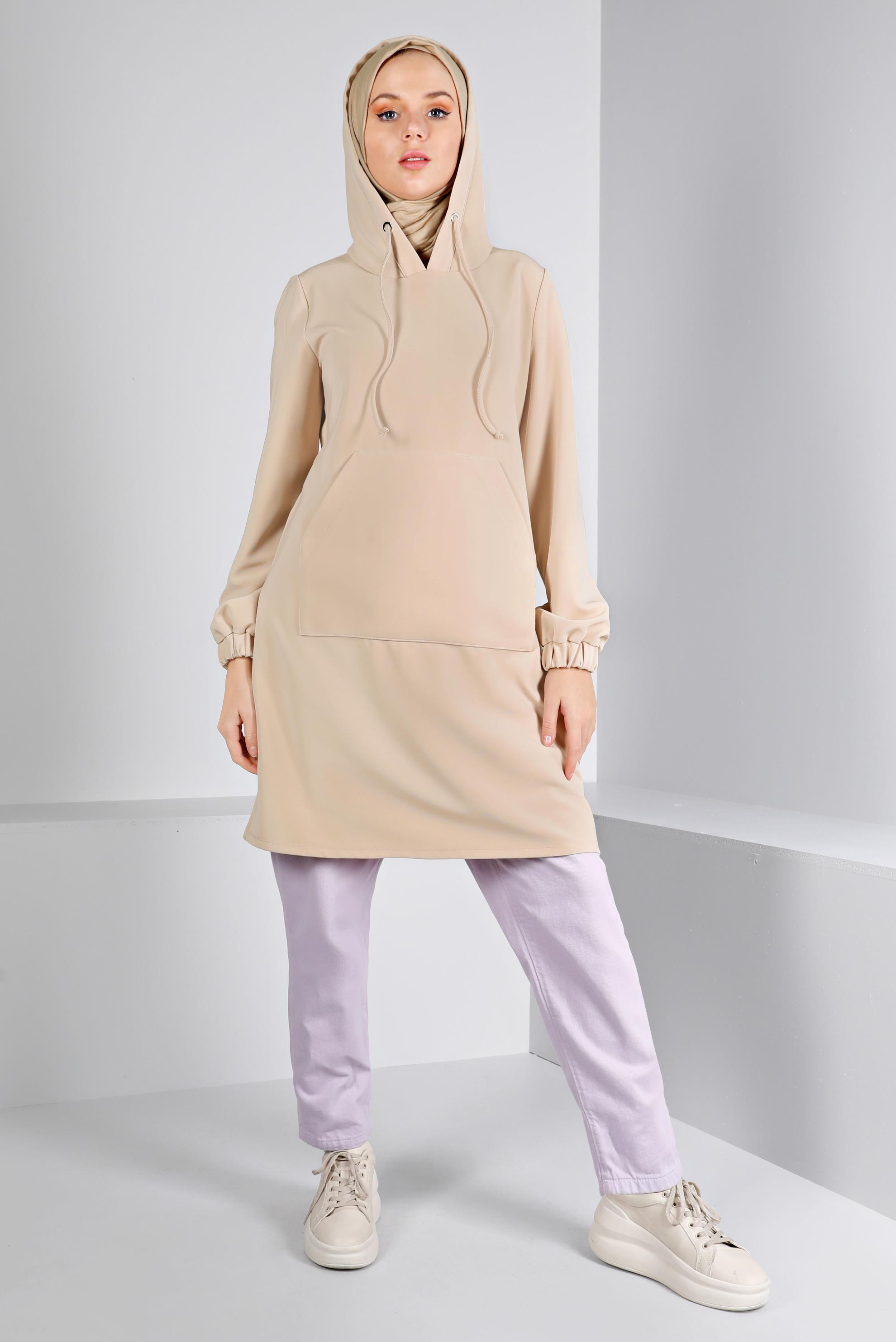 Tesettür giyim BEJ MANŞETLERİ LASTİKLİ KAPÜŞONLU TUNİK 43416