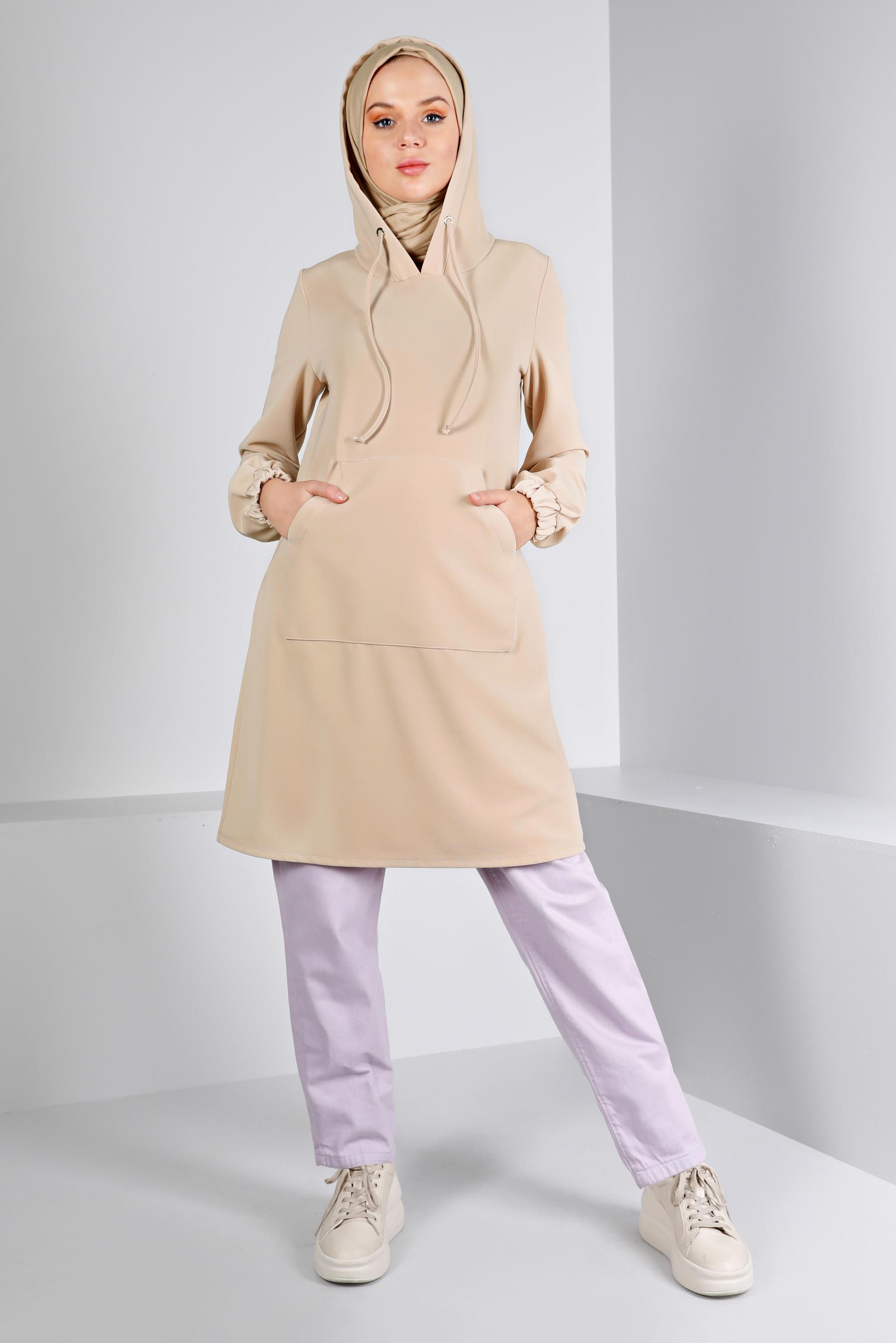 Tesettür giyim BEJ MANŞETLERİ LASTİKLİ KAPÜŞONLU TUNİK 43416