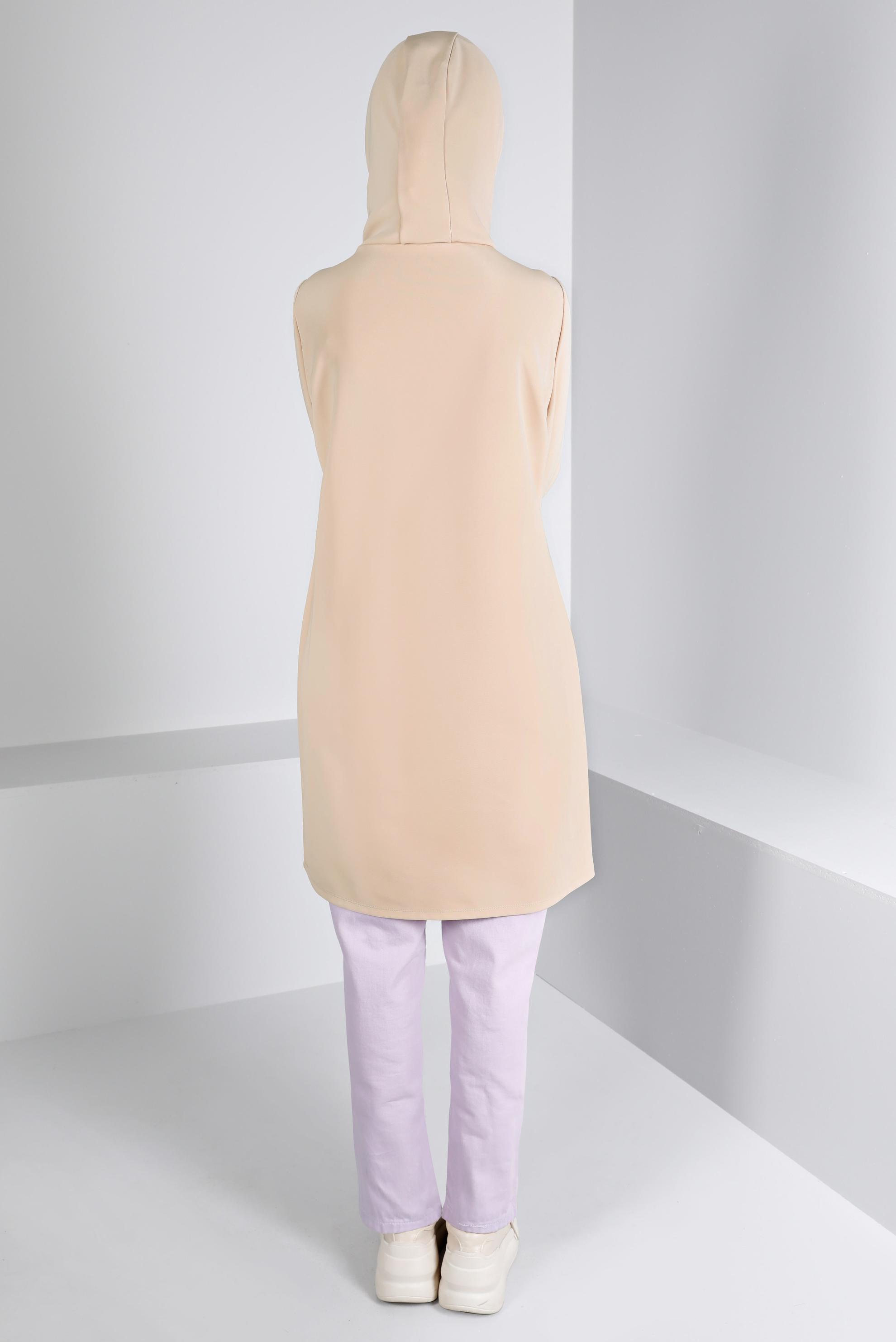 Tesettür giyim BEJ MANŞETLERİ LASTİKLİ KAPÜŞONLU TUNİK 43416