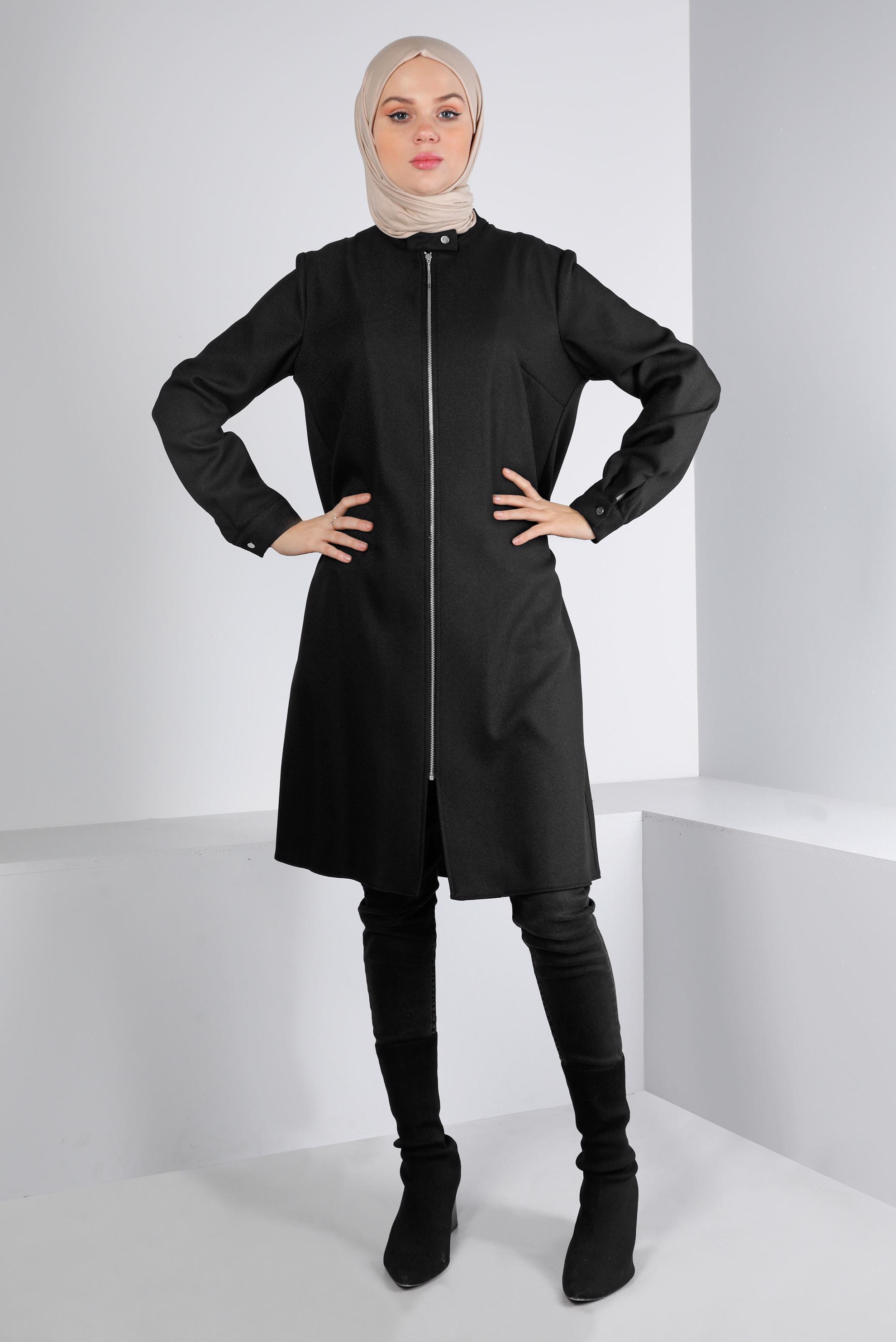 Tesettür giyim SİYAH YAKASI ÇITÇITLI FERMUARLI TUNİK 43417