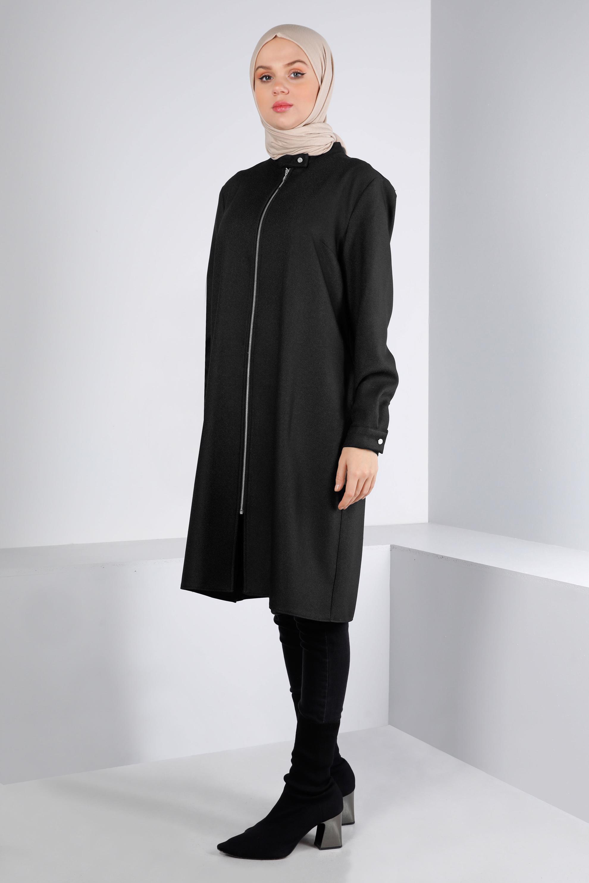 Tesettür giyim SİYAH YAKASI ÇITÇITLI FERMUARLI TUNİK 43417