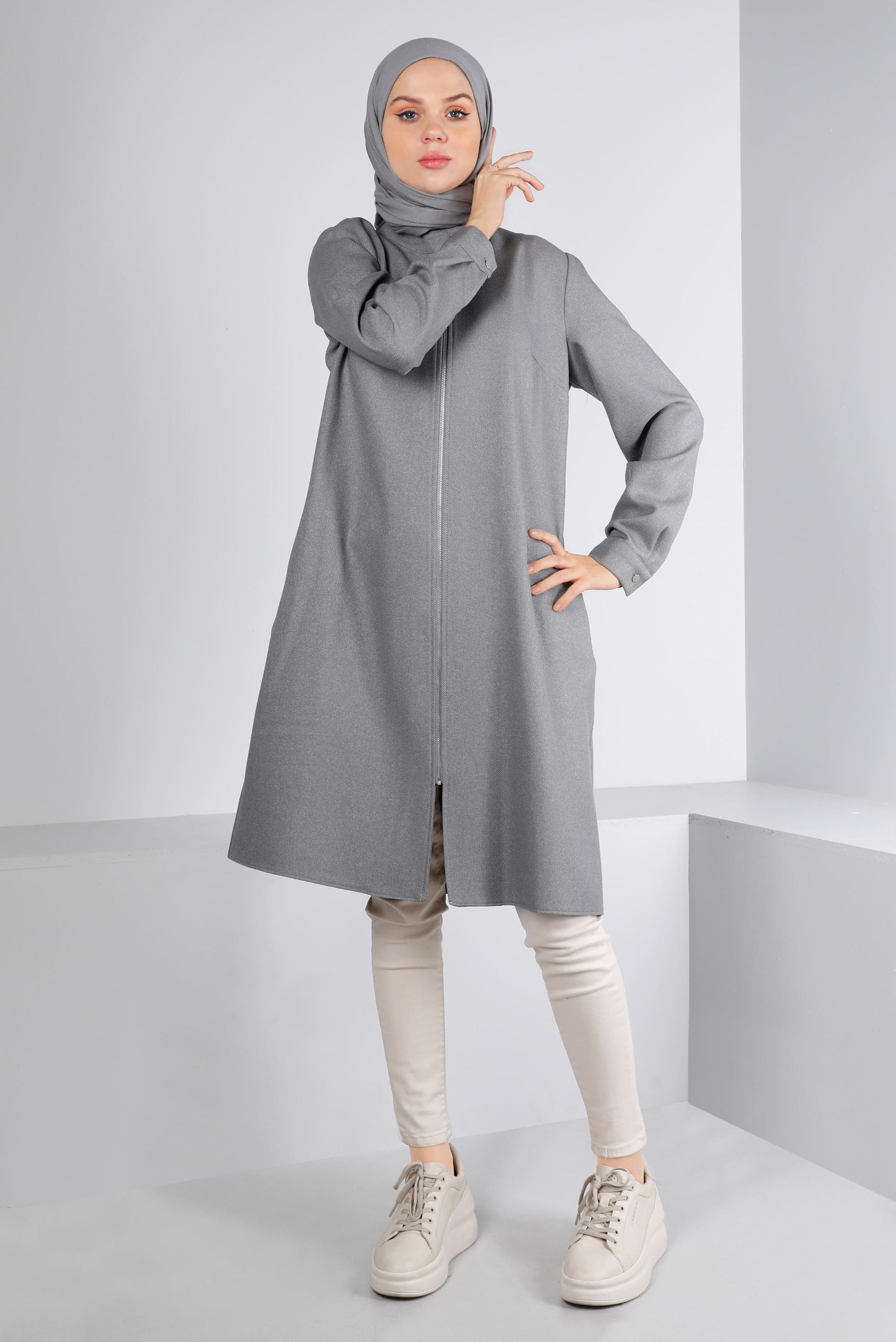 Tesettür giyim GRİ YAKASI ÇITÇITLI FERMUARLI TUNİK 43417