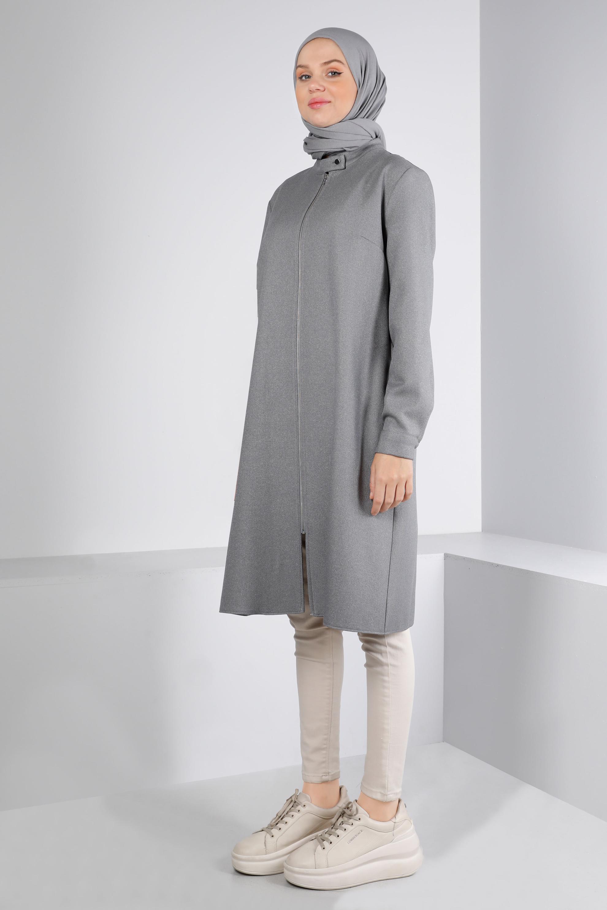 Tesettür giyim GRİ YAKASI ÇITÇITLI FERMUARLI TUNİK 43417