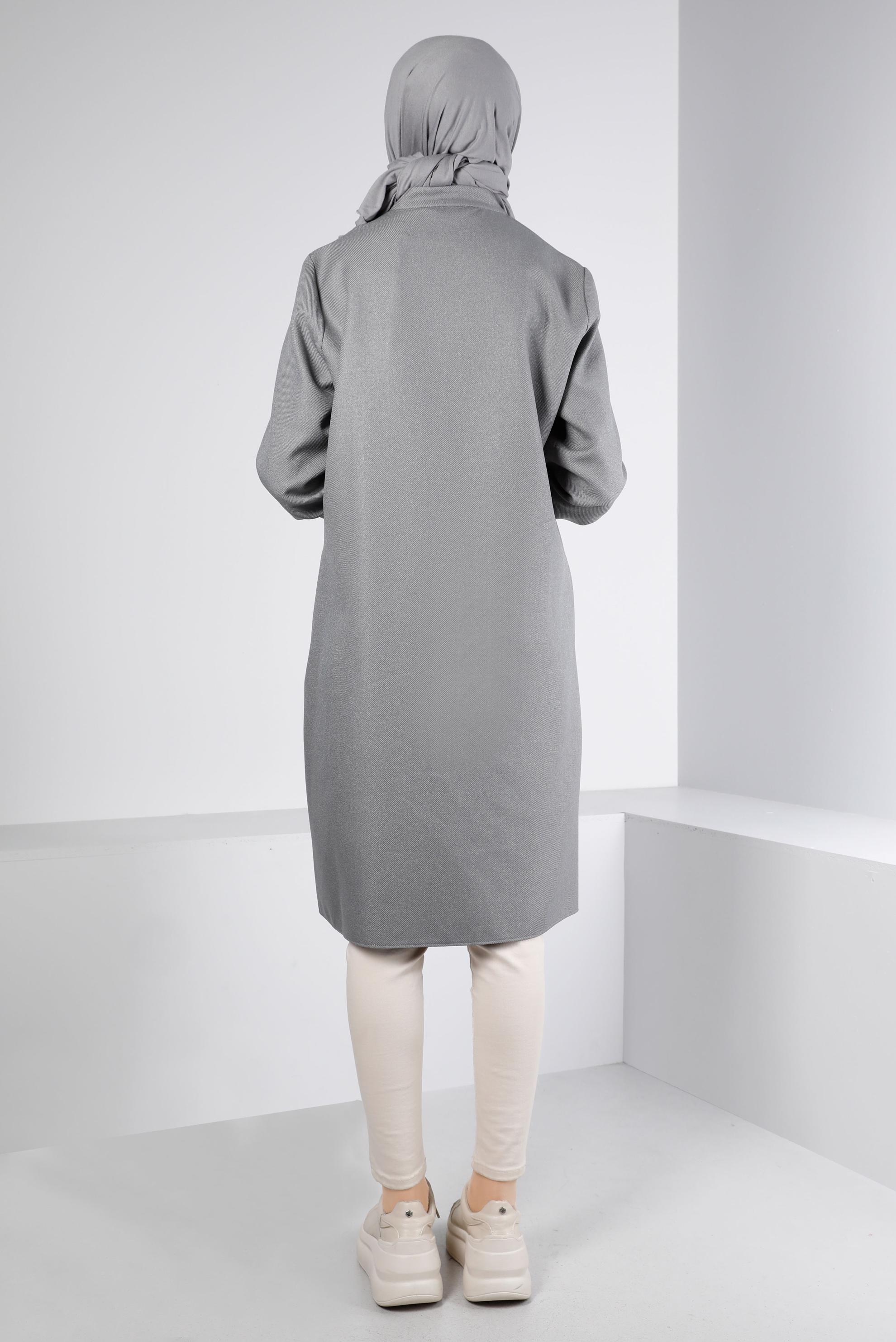 Tesettür giyim GRİ YAKASI ÇITÇITLI FERMUARLI TUNİK 43417