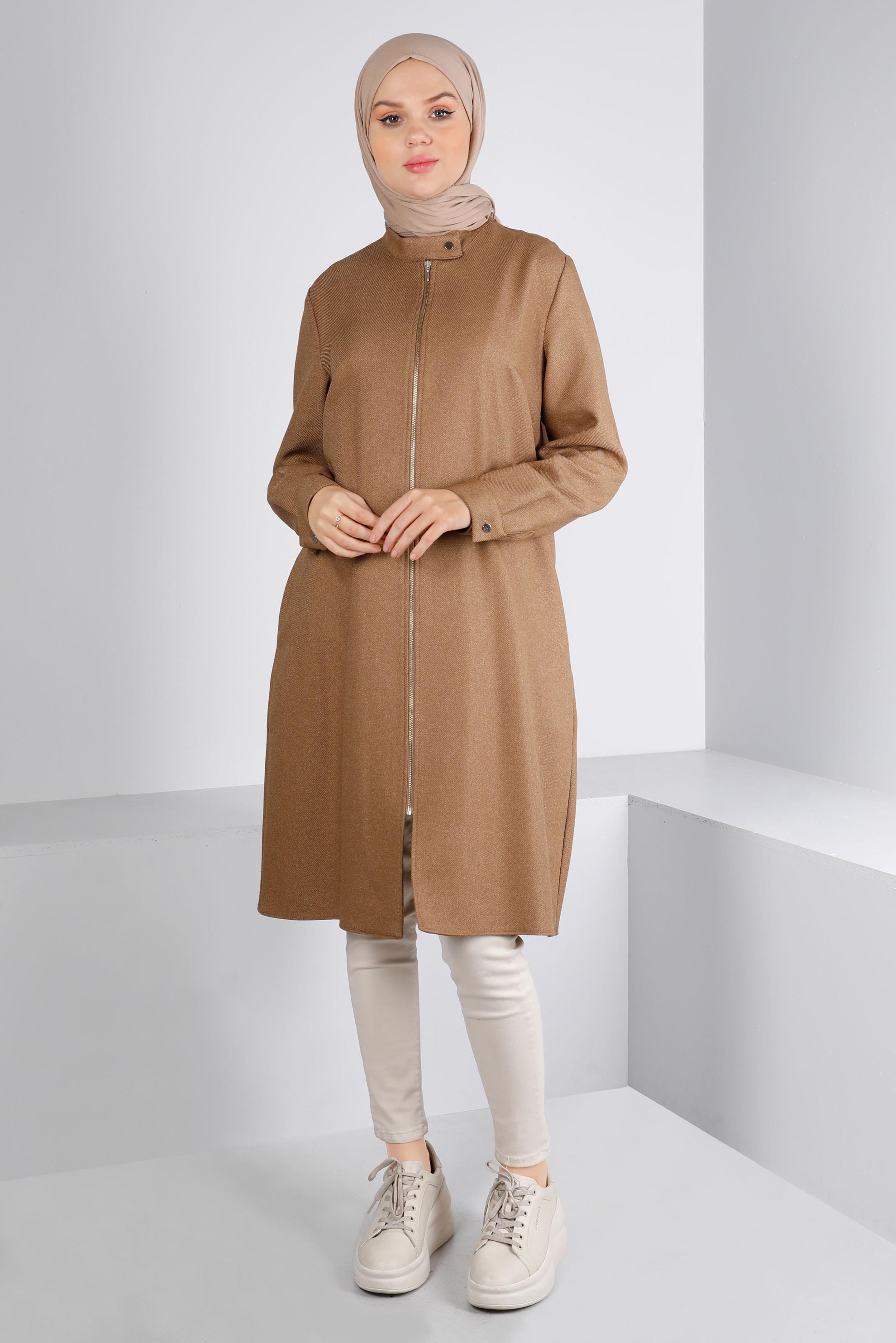 Tesettür giyim KAHVE YAKASI ÇITÇITLI FERMUARLI TUNİK 43417