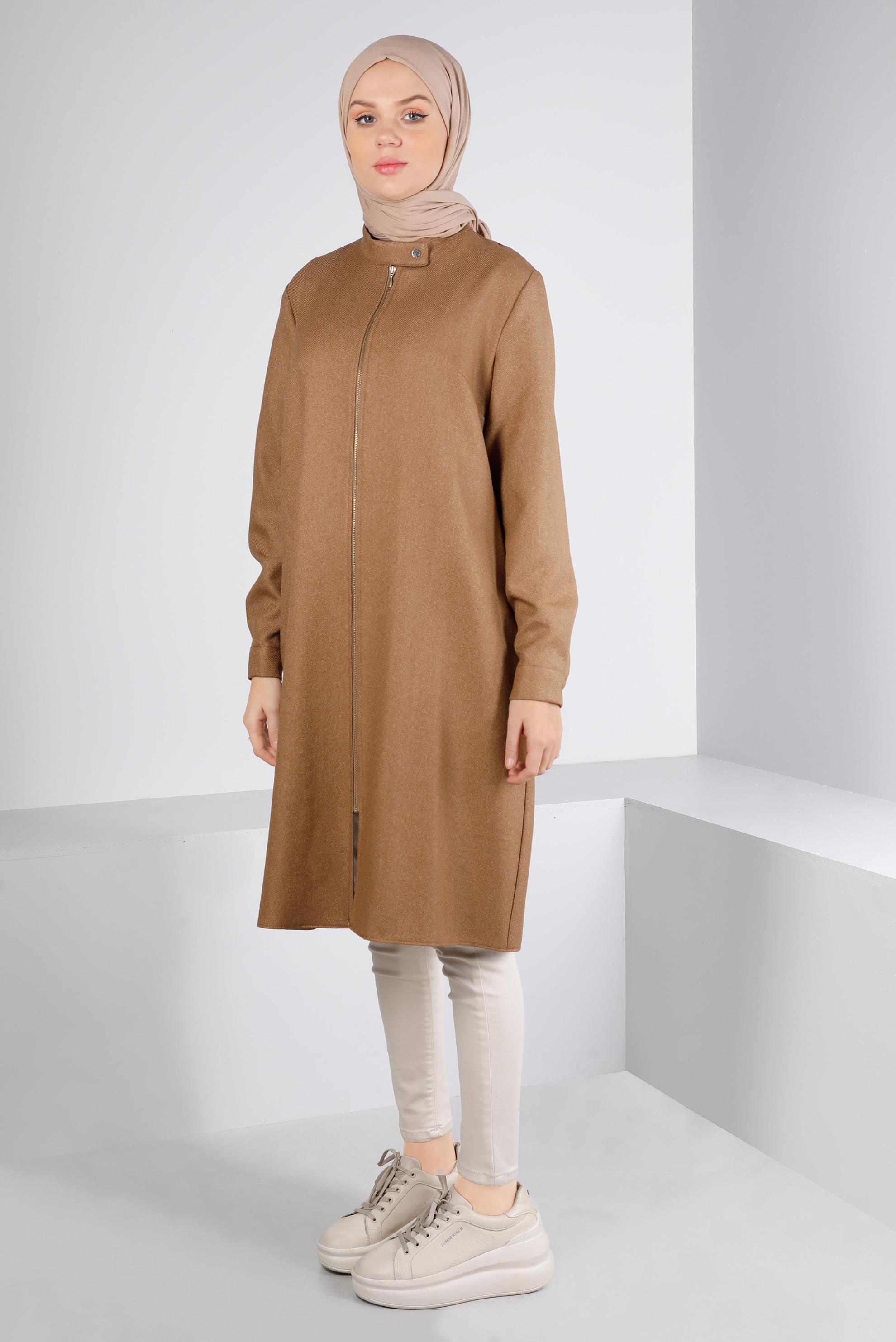 Tesettür giyim KAHVE YAKASI ÇITÇITLI FERMUARLI TUNİK 43417