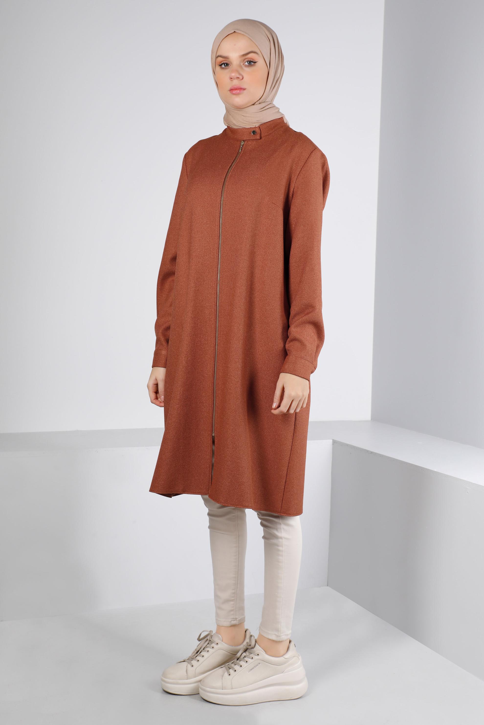 Tesettür giyim TURUNCU YAKASI ÇITÇITLI FERMUARLI TUNİK 43417