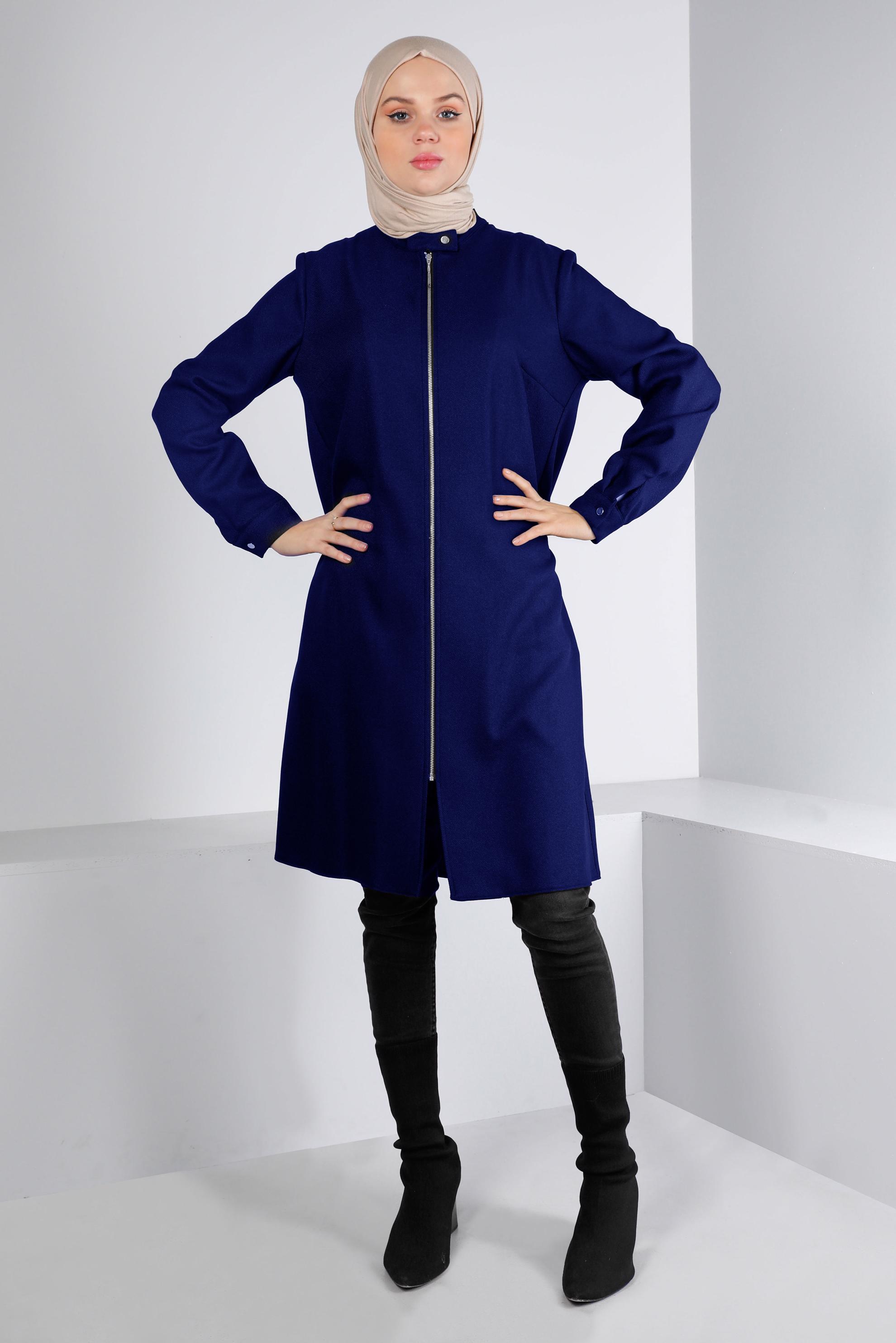 Tesettür giyim LACİVERT YAKASI ÇITÇITLI FERMUARLI TUNİK 43417