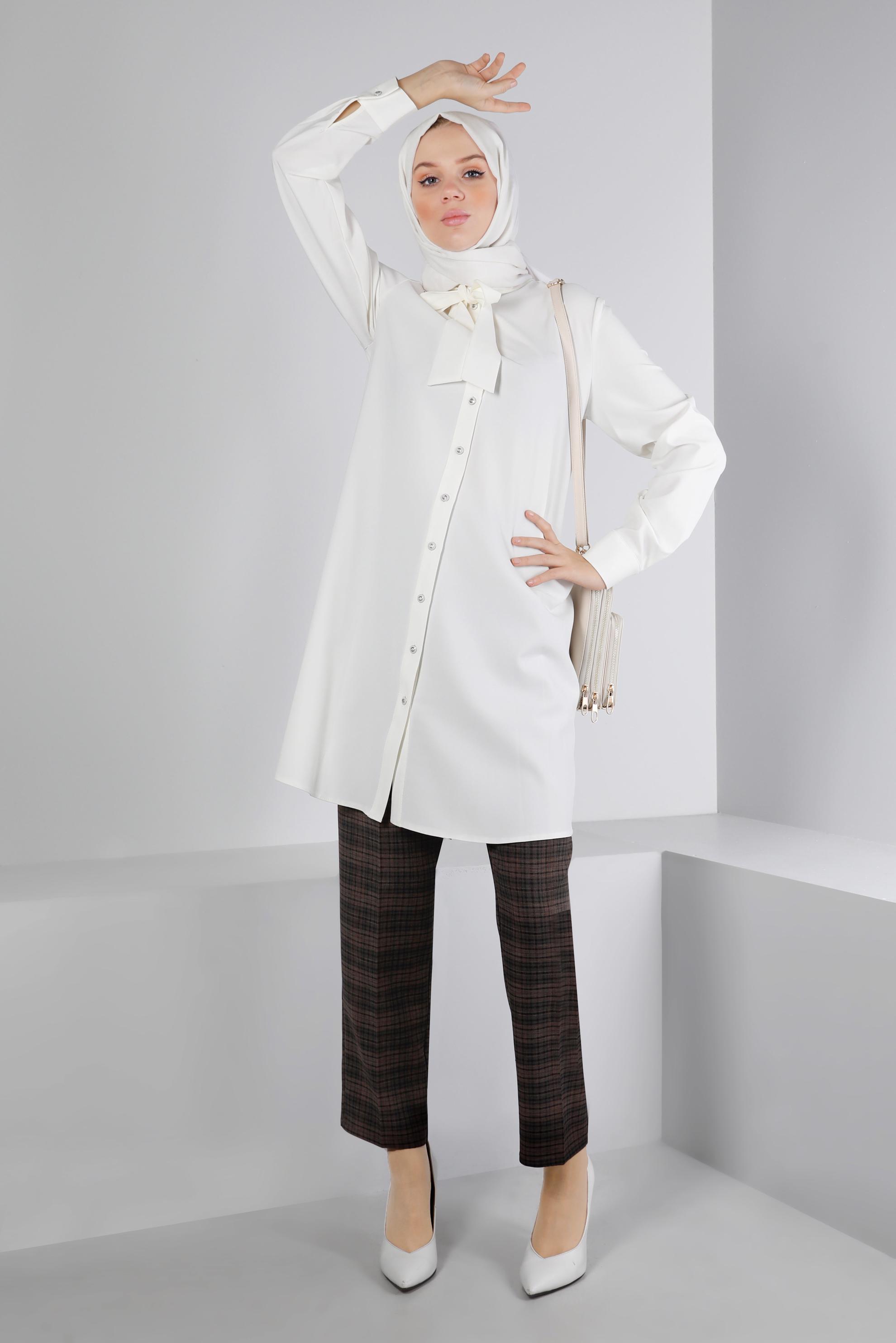 Tesettür giyim BEYAZ YAKASI BAĞLAMA DETAYLI TUNİK 43419