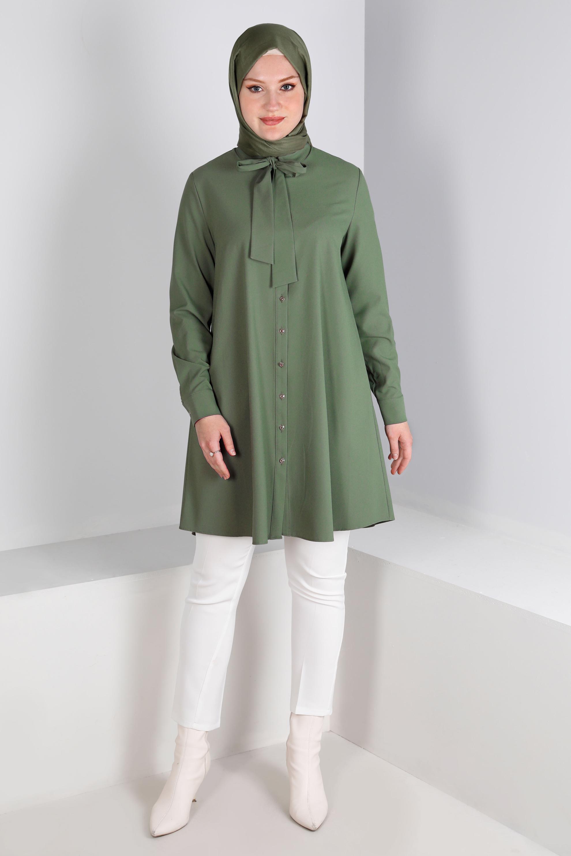 Tesettür giyim HAKİ YAKASI BAĞLAMA DETAYLI TUNİK 43419