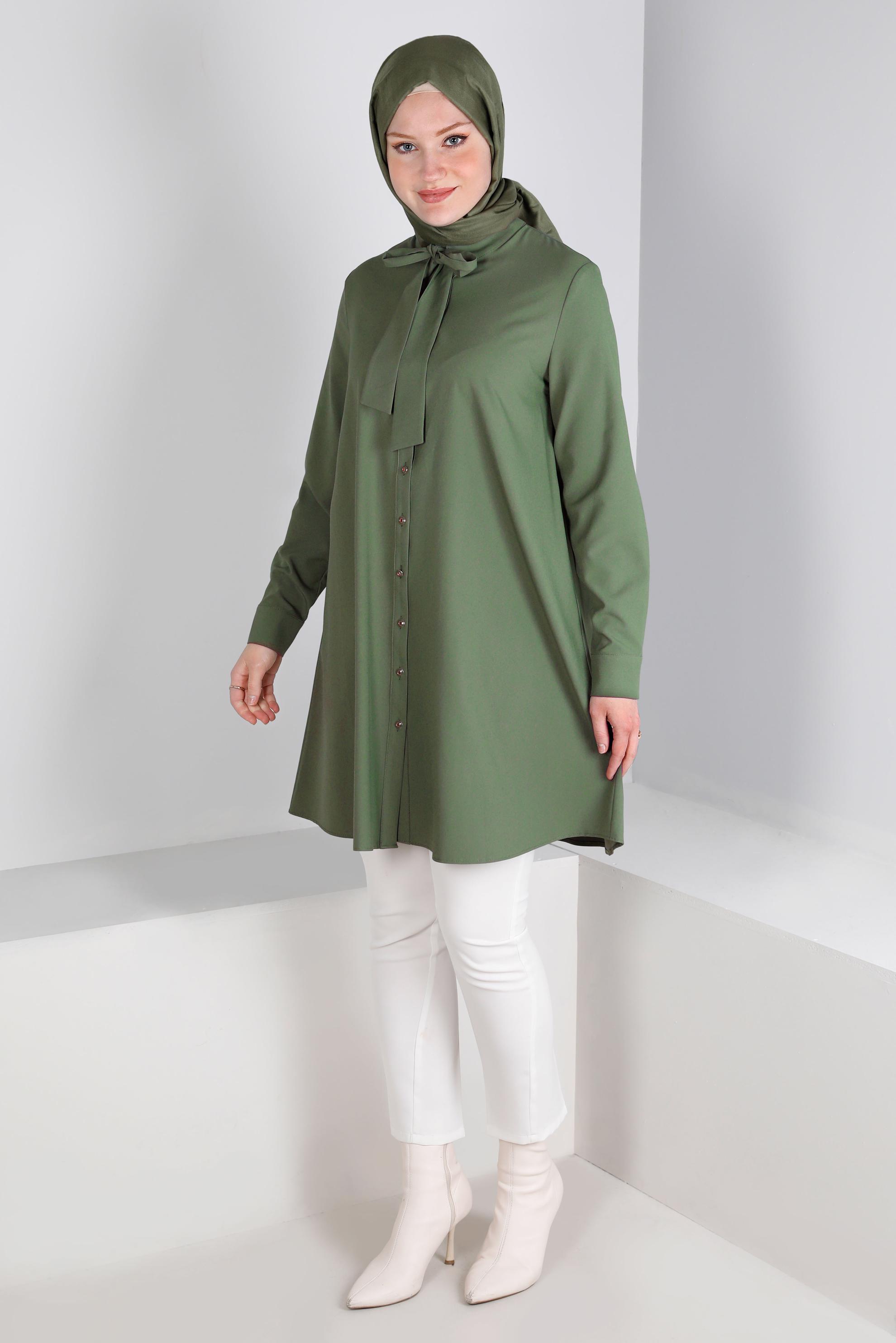 Tesettür giyim HAKİ YAKASI BAĞLAMA DETAYLI TUNİK 43419