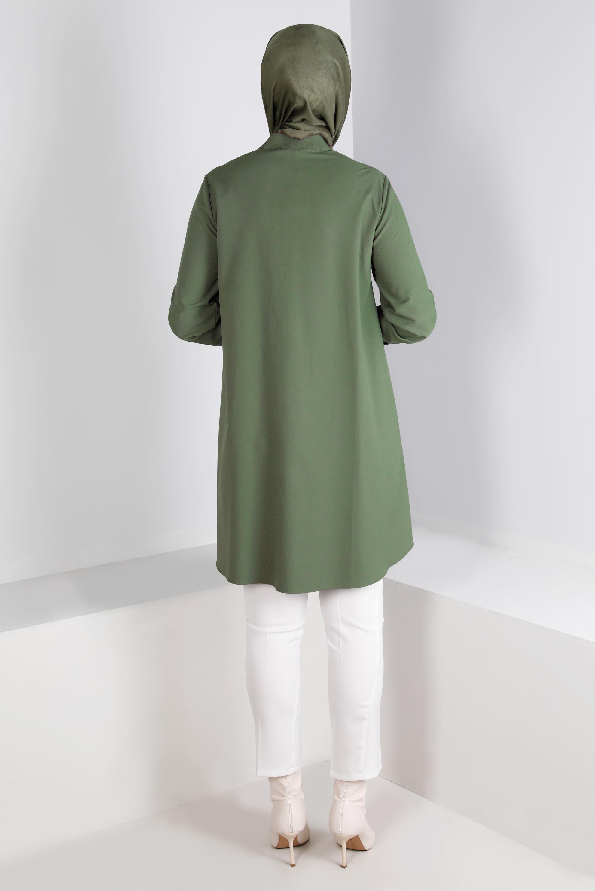 Tesettür giyim HAKİ YAKASI BAĞLAMA DETAYLI TUNİK 43419