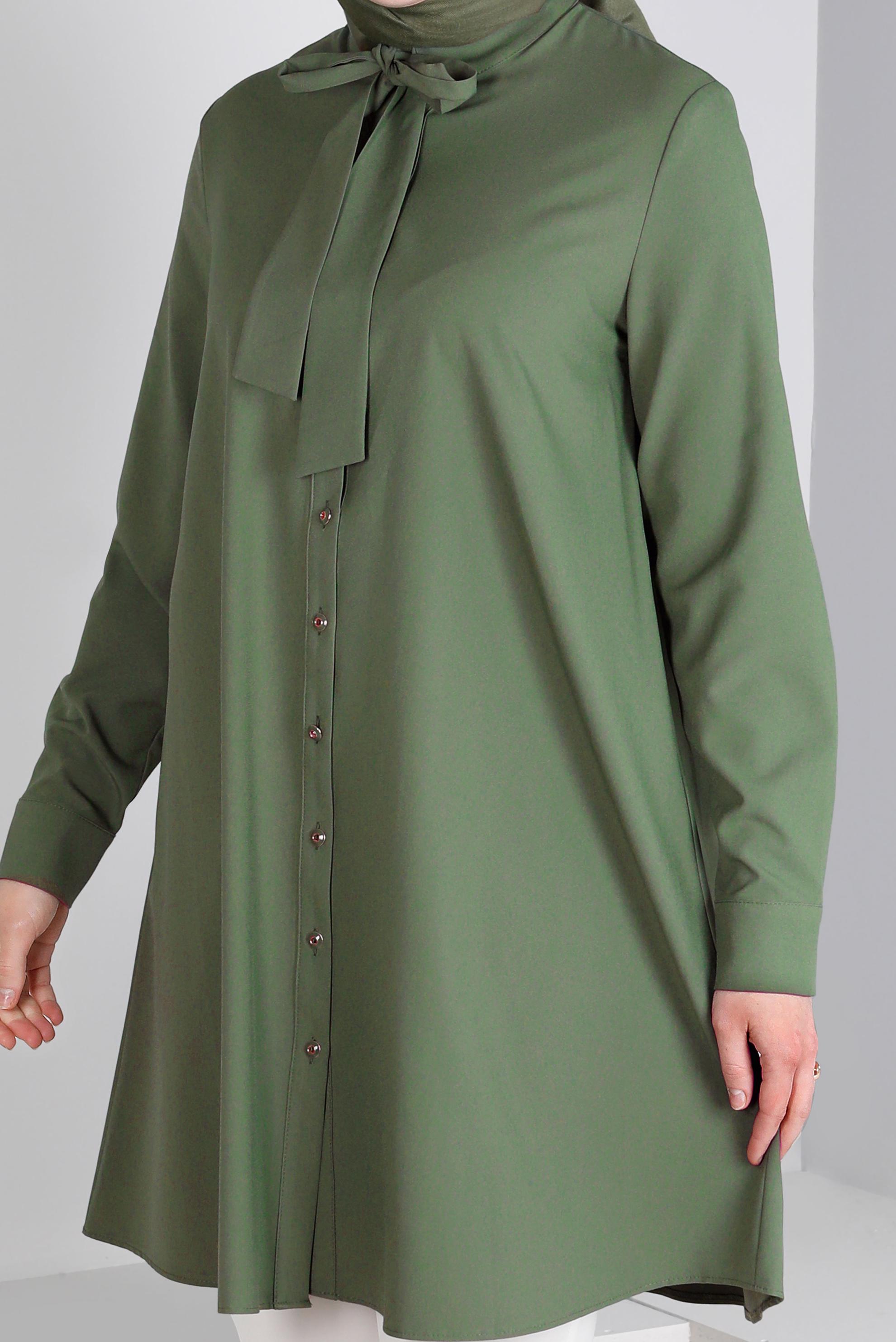 Tesettür giyim HAKİ YAKASI BAĞLAMA DETAYLI TUNİK 43419