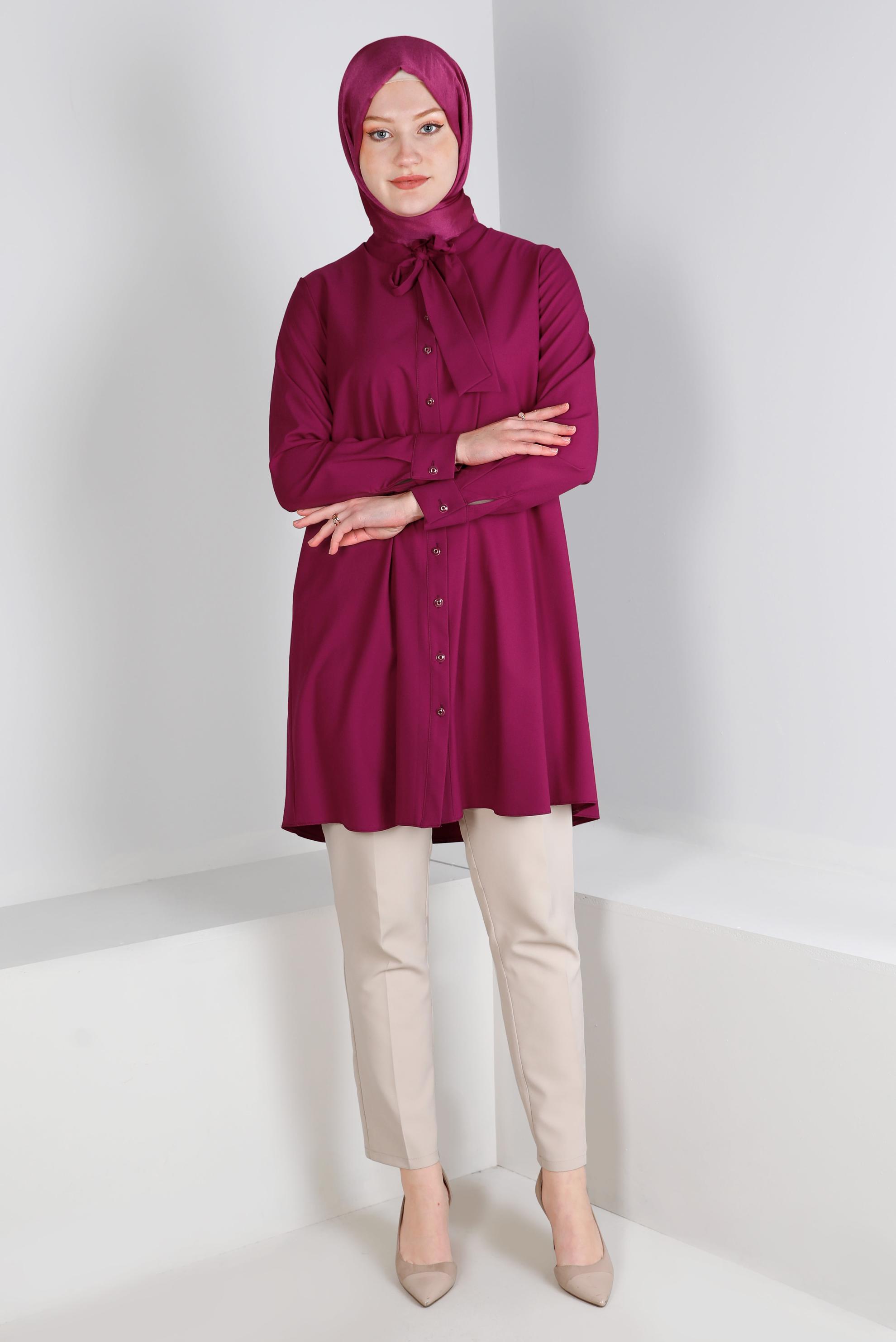 Tesettür giyim FUŞYA YAKASI BAĞLAMA DETAYLI TUNİK 43419