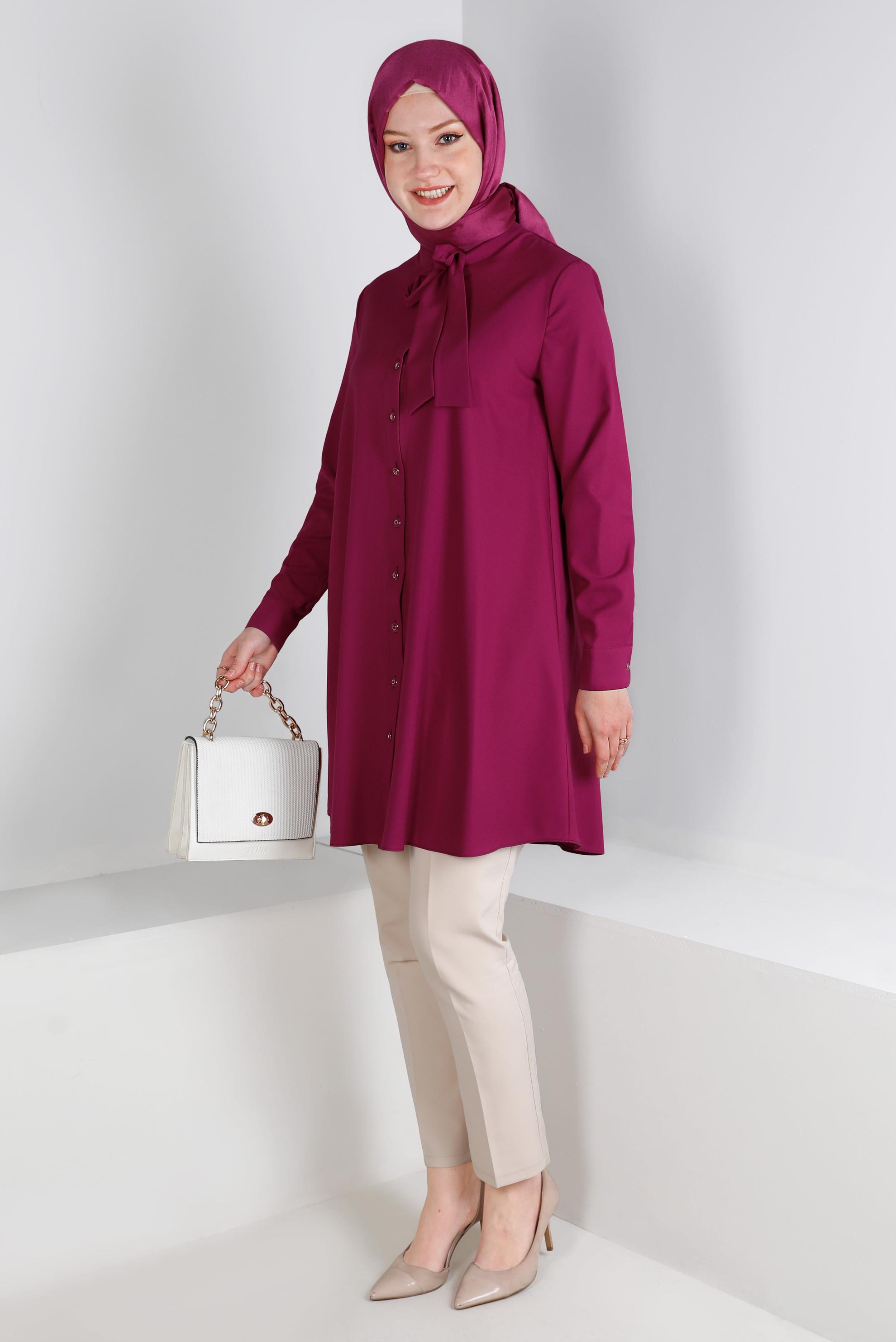 Tesettür giyim FUŞYA YAKASI BAĞLAMA DETAYLI TUNİK 43419