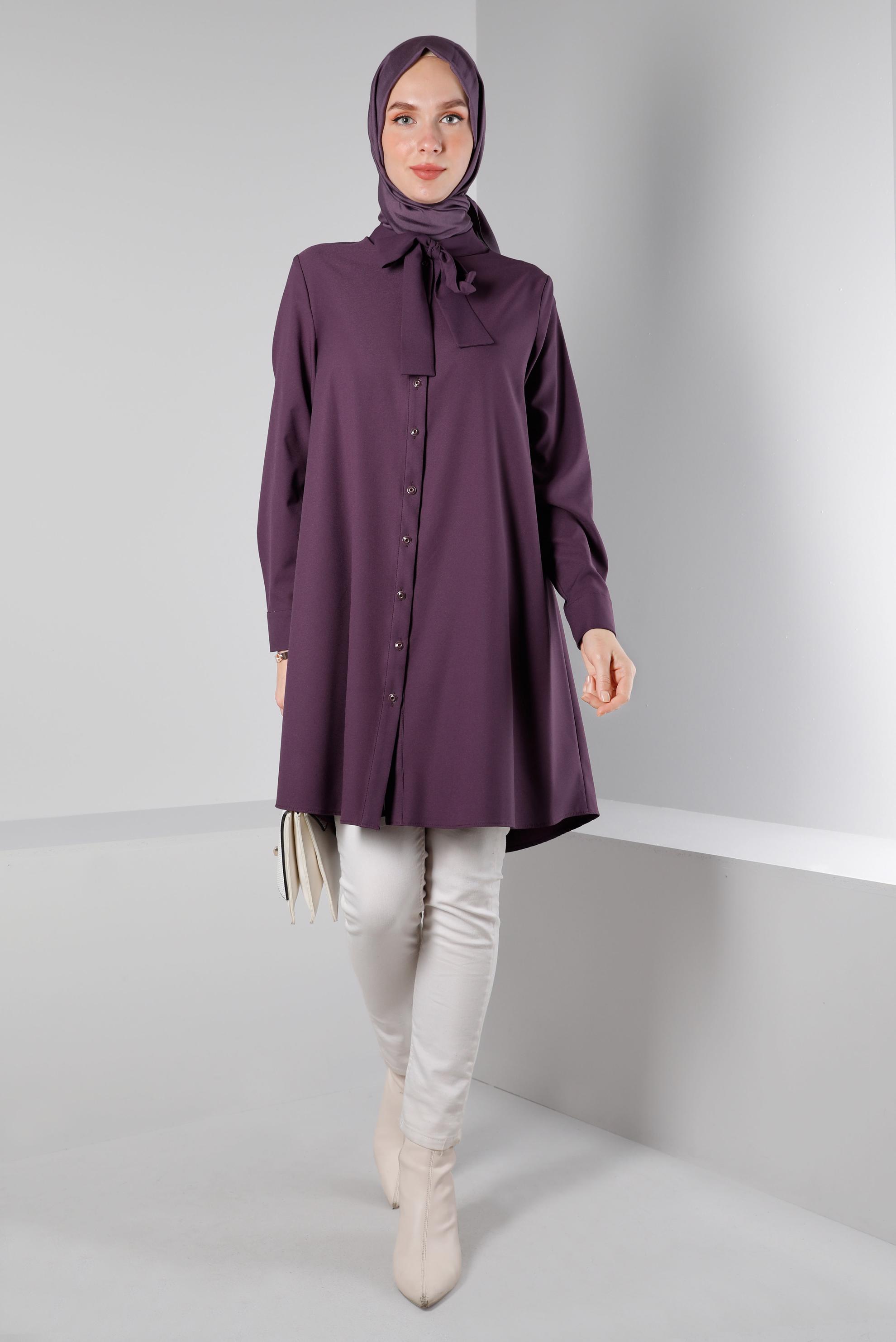 Tesettür giyim MOR YAKASI BAĞLAMA DETAYLI TUNİK 43419