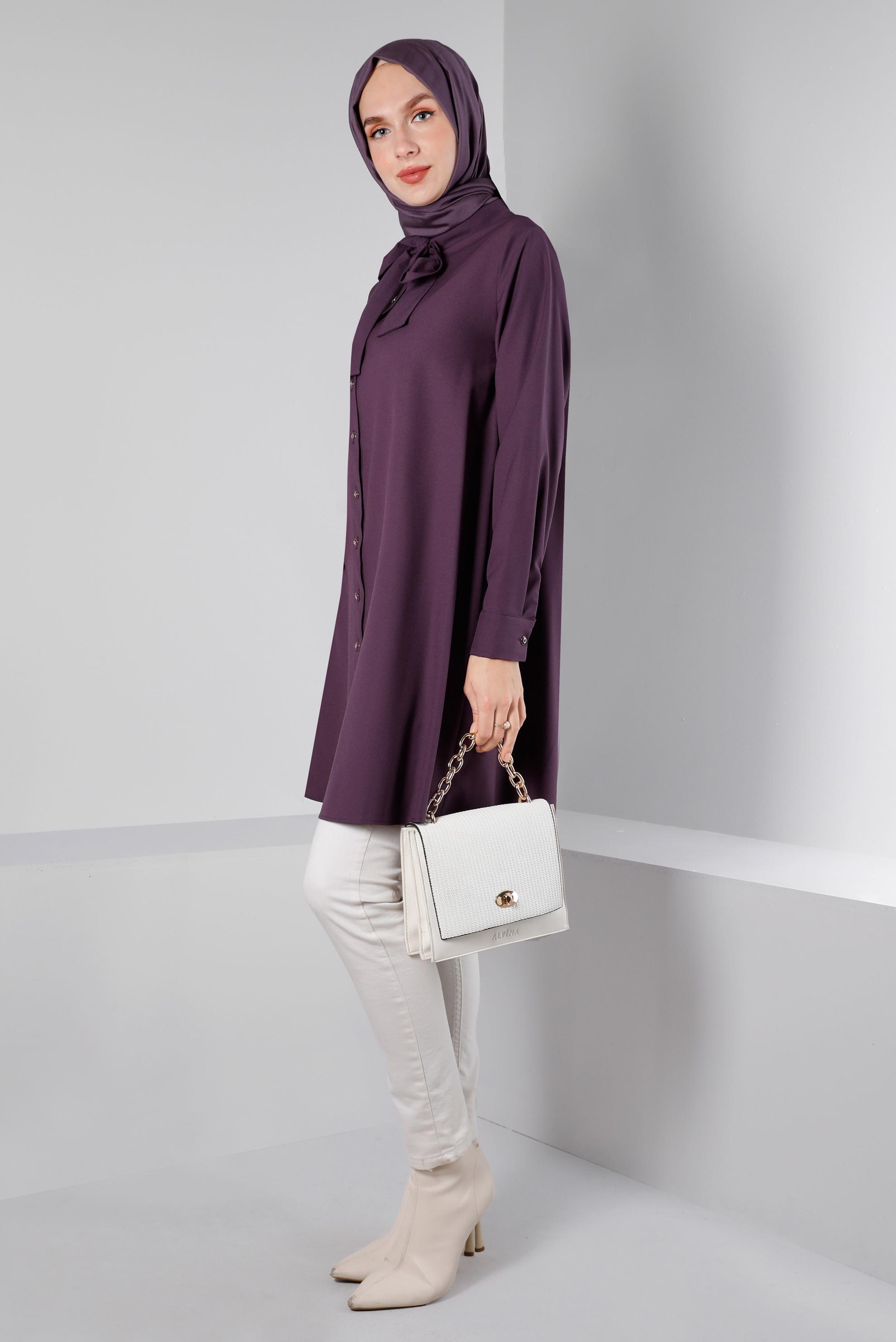 Tesettür giyim MOR YAKASI BAĞLAMA DETAYLI TUNİK 43419