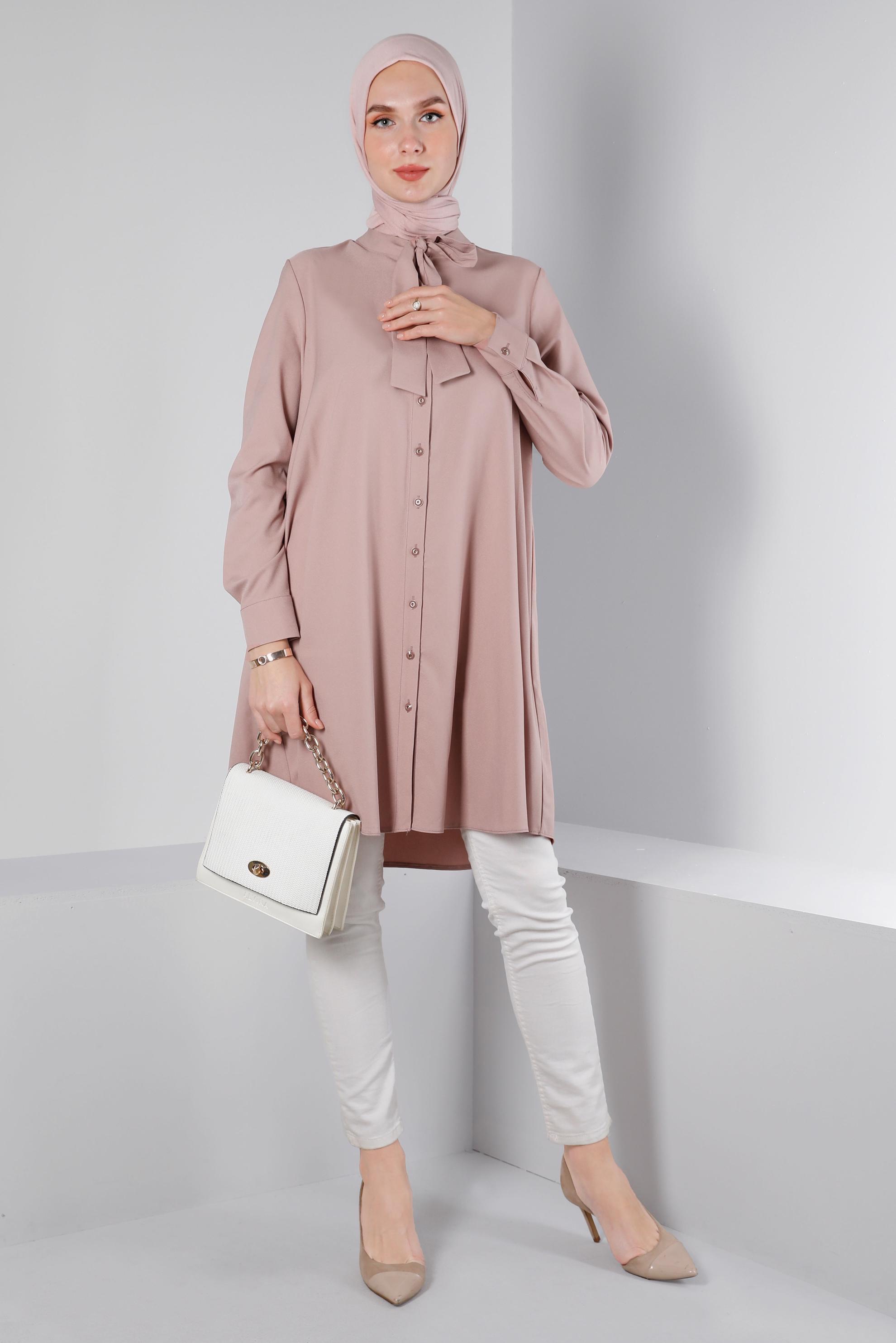 Tesettür giyim PUDRA YAKASI BAĞLAMA DETAYLI TUNİK 43419