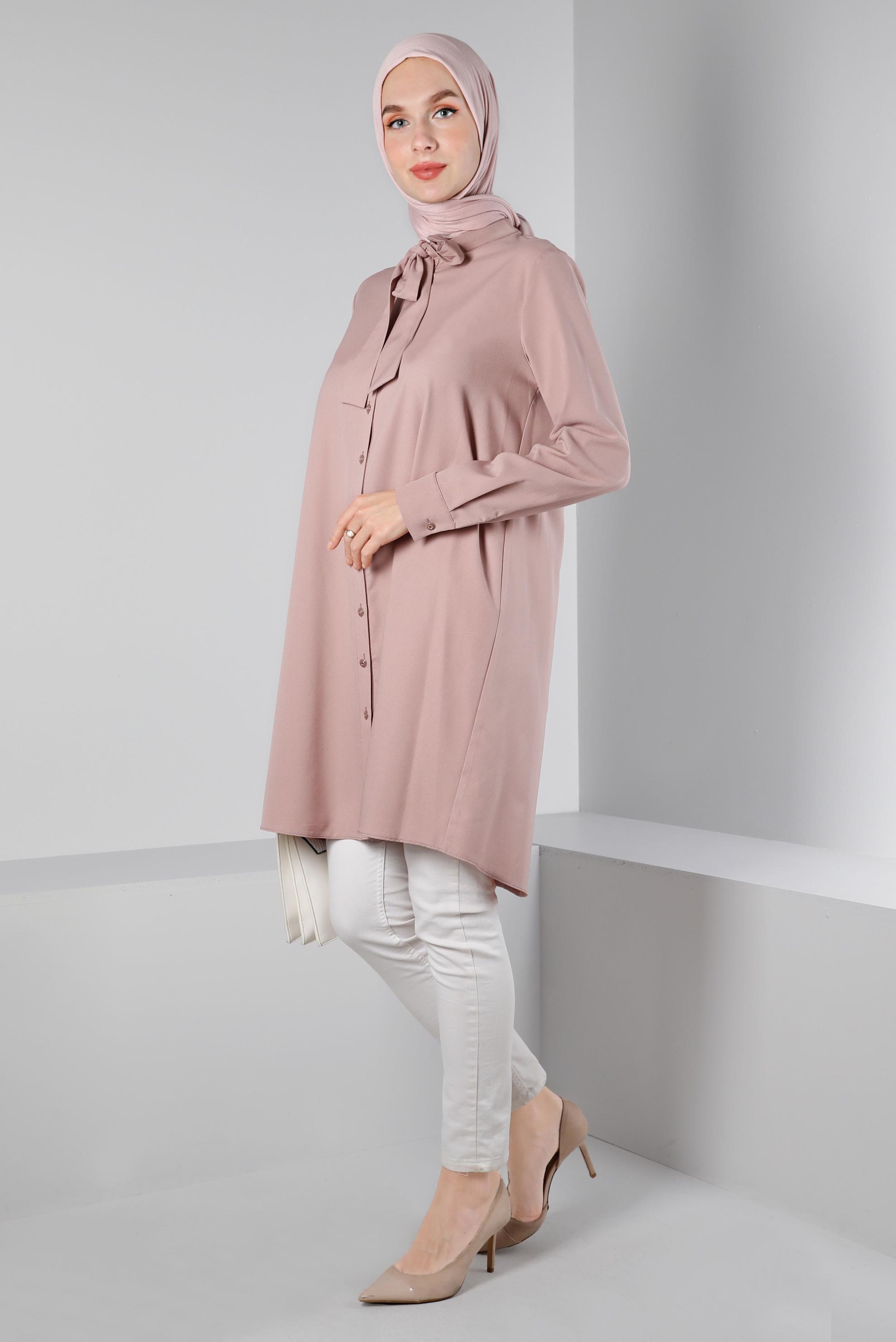 Tesettür giyim PUDRA YAKASI BAĞLAMA DETAYLI TUNİK 43419