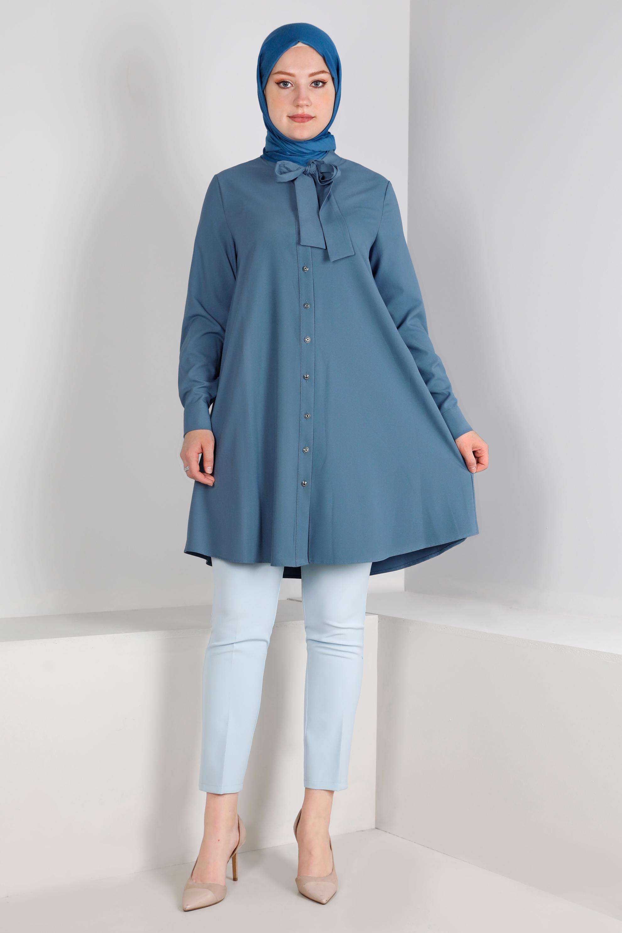 Tesettür giyim MAVİ YAKASI BAĞLAMA DETAYLI TUNİK 43419
