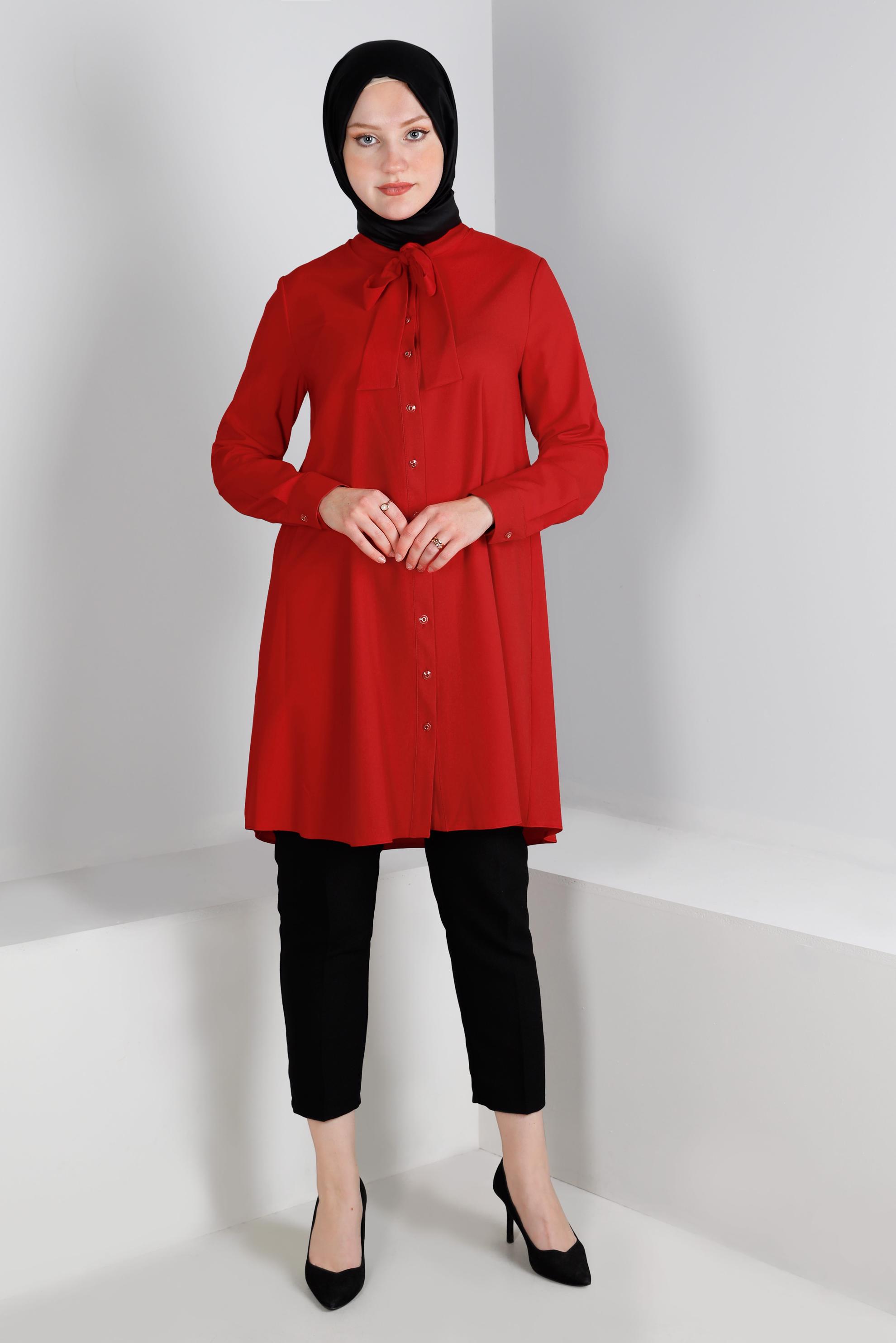Tesettür giyim KIRMIZI YAKASI BAĞLAMA DETAYLI TUNİK 43419