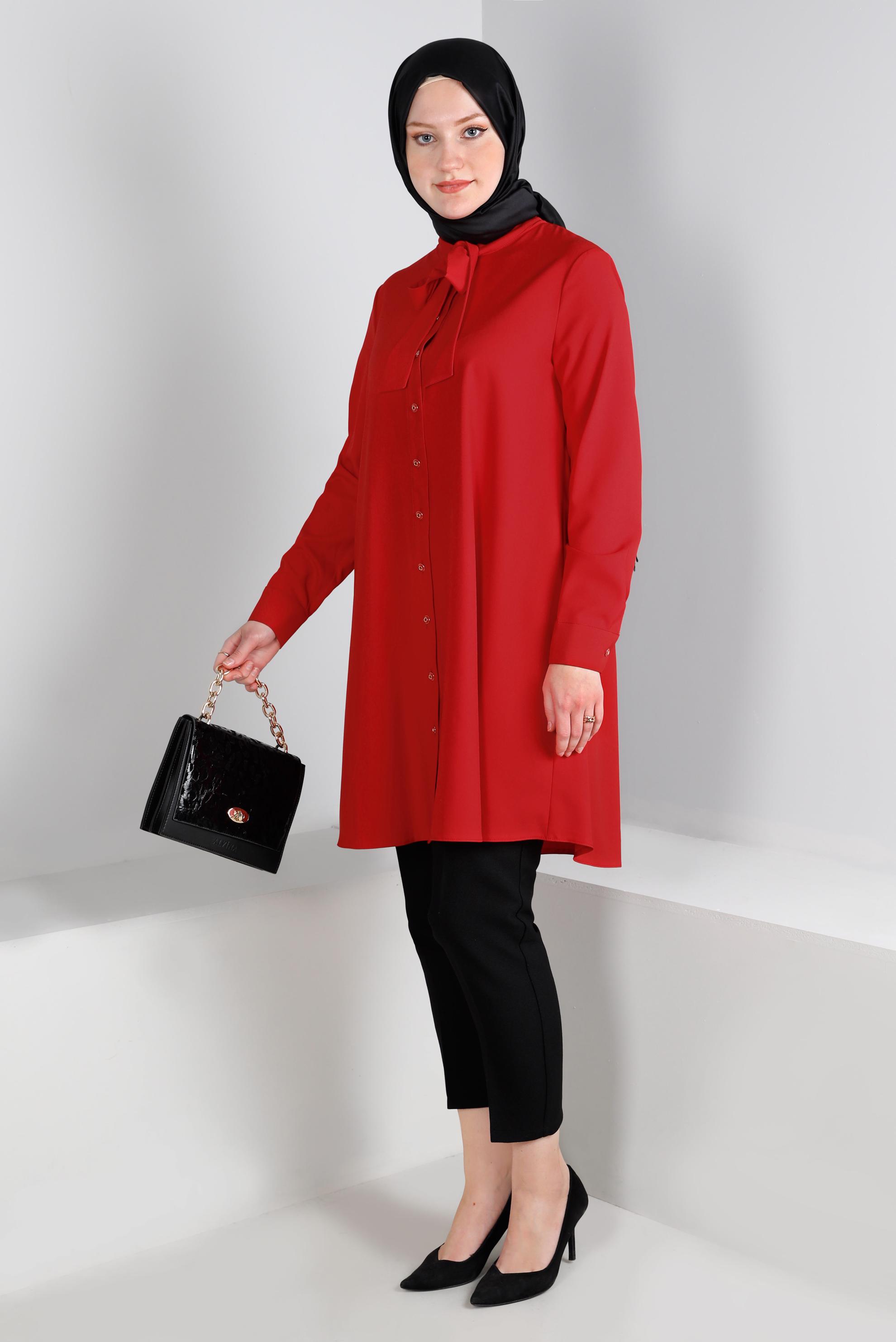 Tesettür giyim KIRMIZI YAKASI BAĞLAMA DETAYLI TUNİK 43419