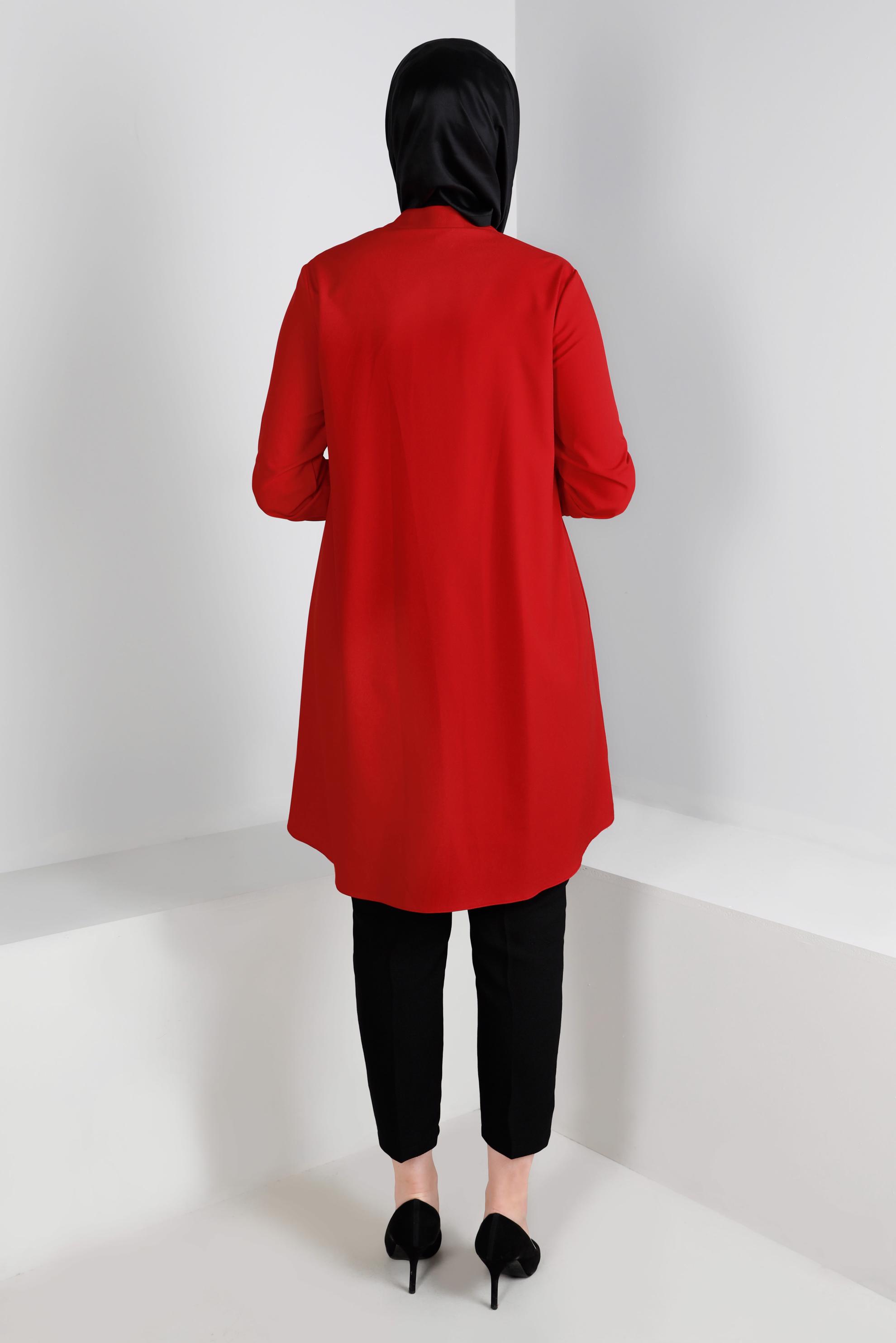 Tesettür giyim KIRMIZI YAKASI BAĞLAMA DETAYLI TUNİK 43419