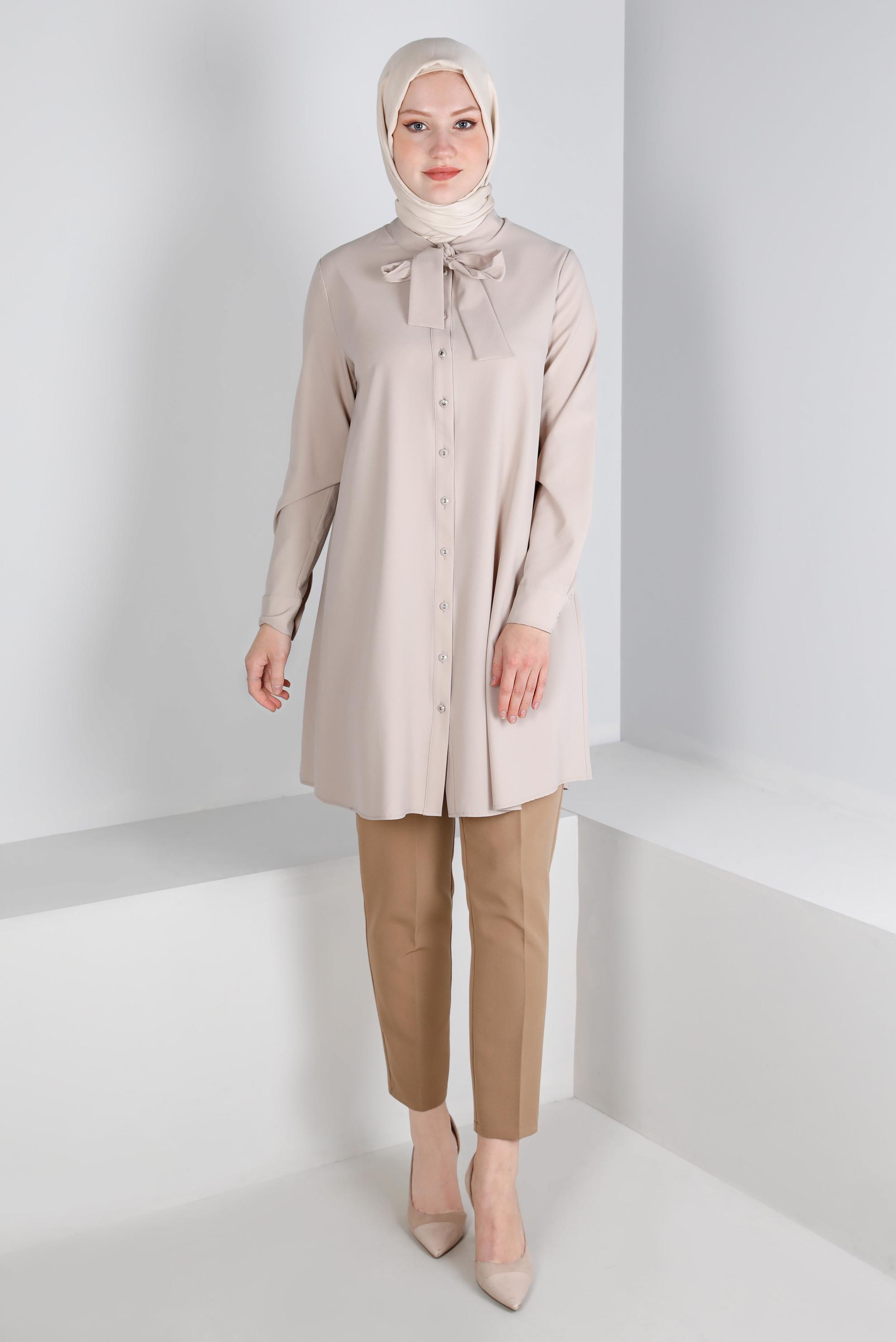 Tesettür giyim EKRU YAKASI BAĞLAMA DETAYLI TUNİK 43419