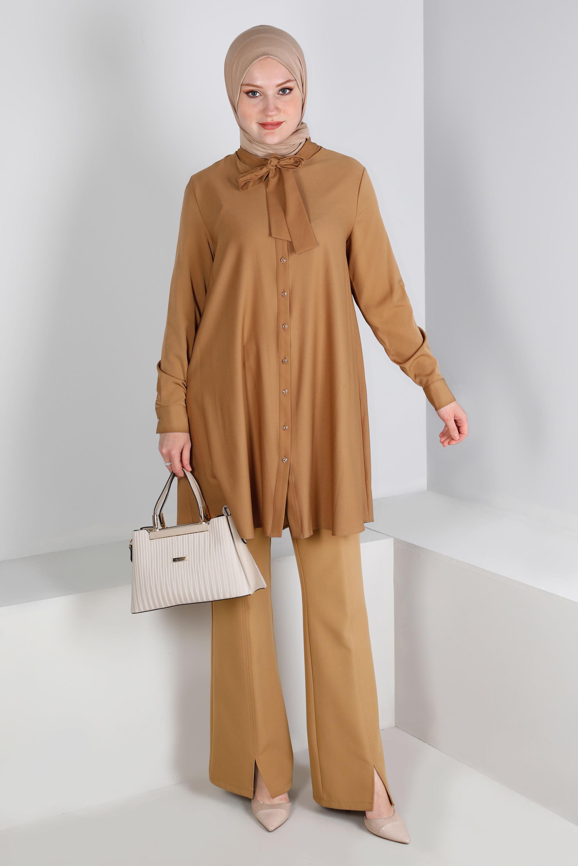Tesettür giyim KAHVE YAKASI BAĞLAMA DETAYLI TUNİK 43419