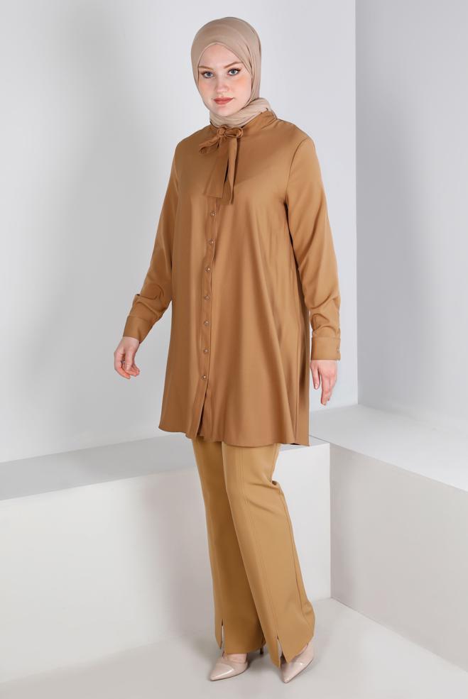 Tesettür giyim KAHVE YAKASI BAĞLAMA DETAYLI TUNİK 43419 - ALVİNA