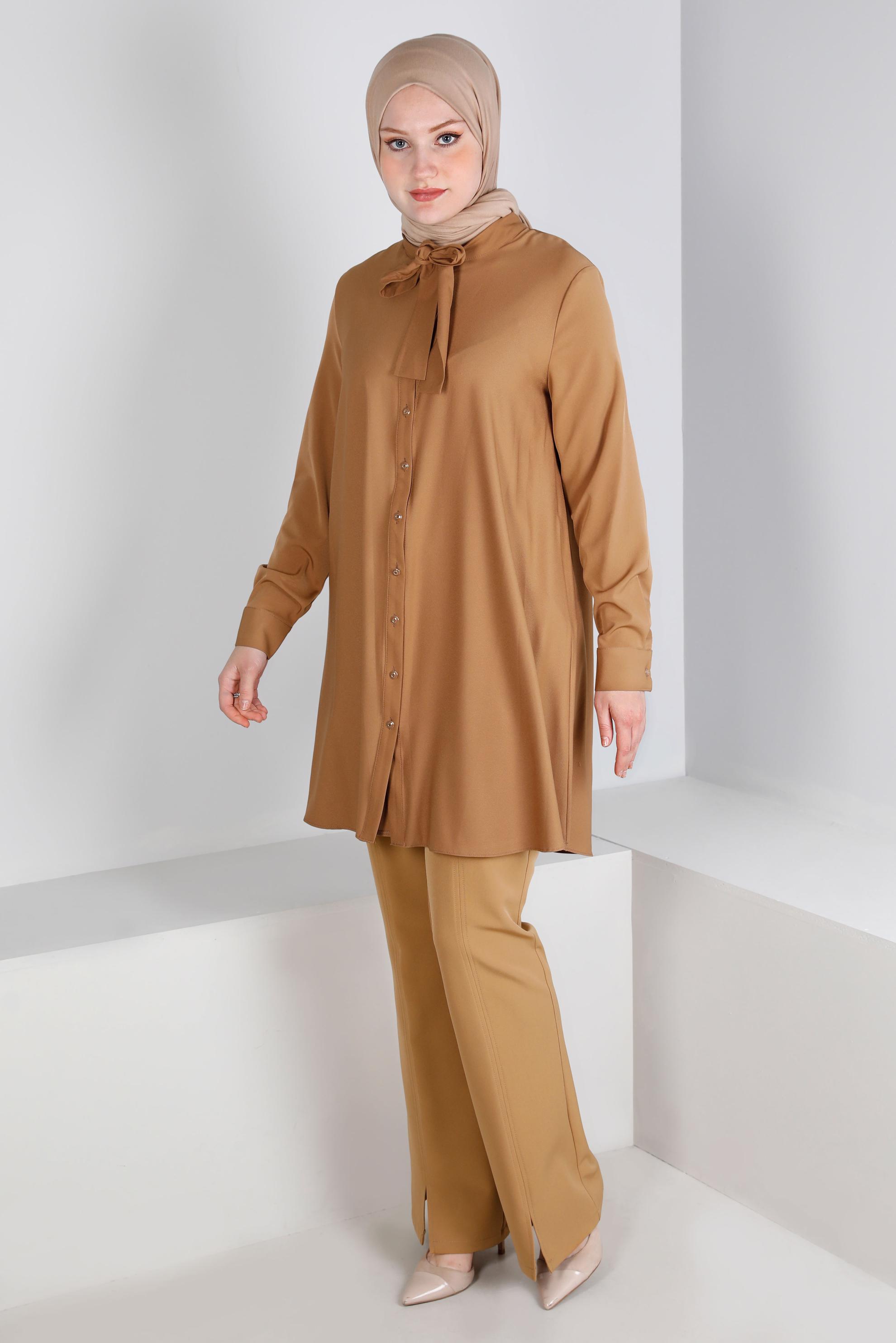 Tesettür giyim KAHVE YAKASI BAĞLAMA DETAYLI TUNİK 43419