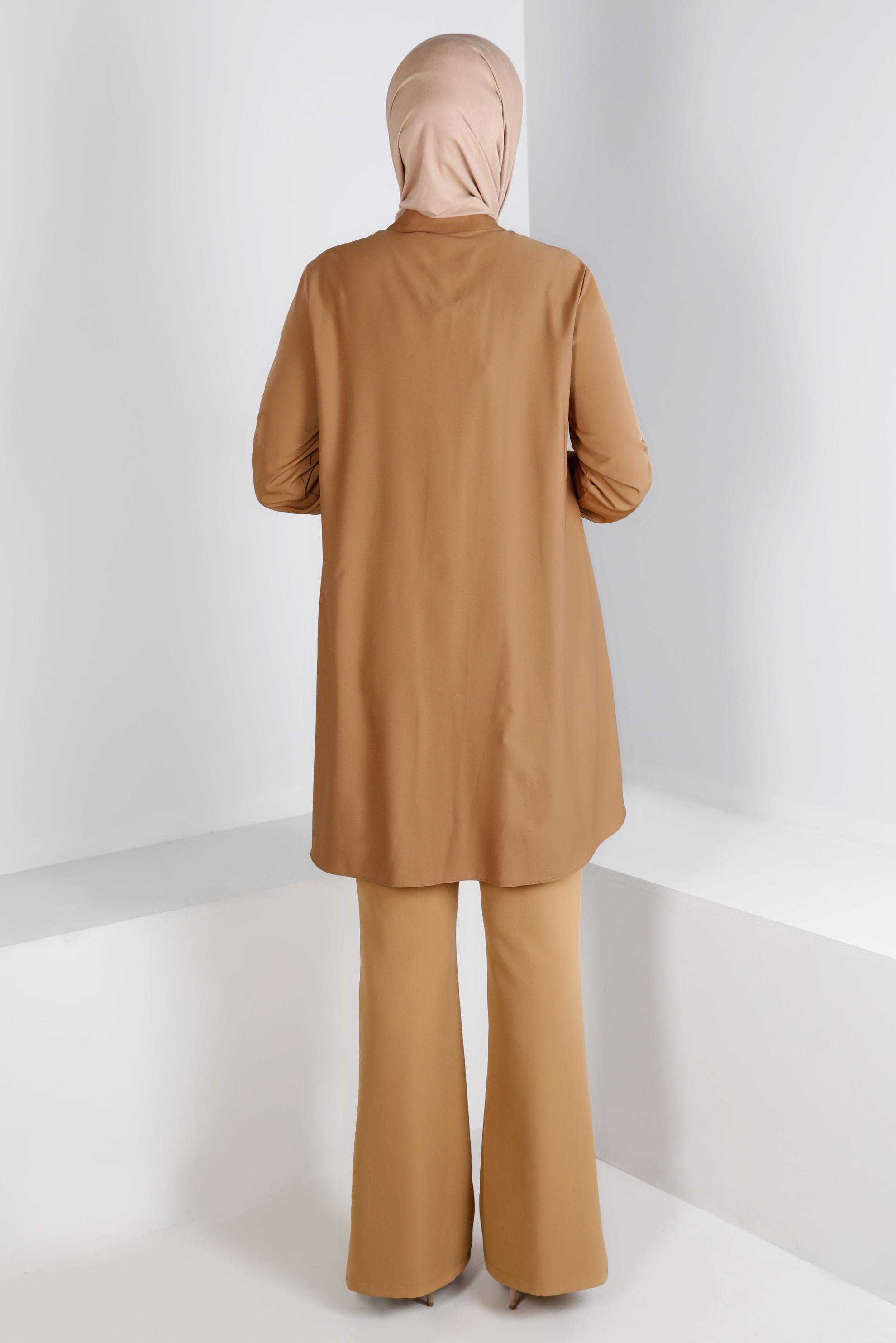 Tesettür giyim KAHVE YAKASI BAĞLAMA DETAYLI TUNİK 43419