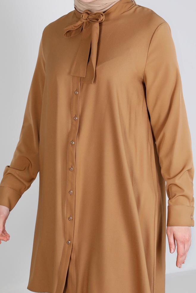 Tesettür giyim KAHVE YAKASI BAĞLAMA DETAYLI TUNİK 43419 - ALVİNA