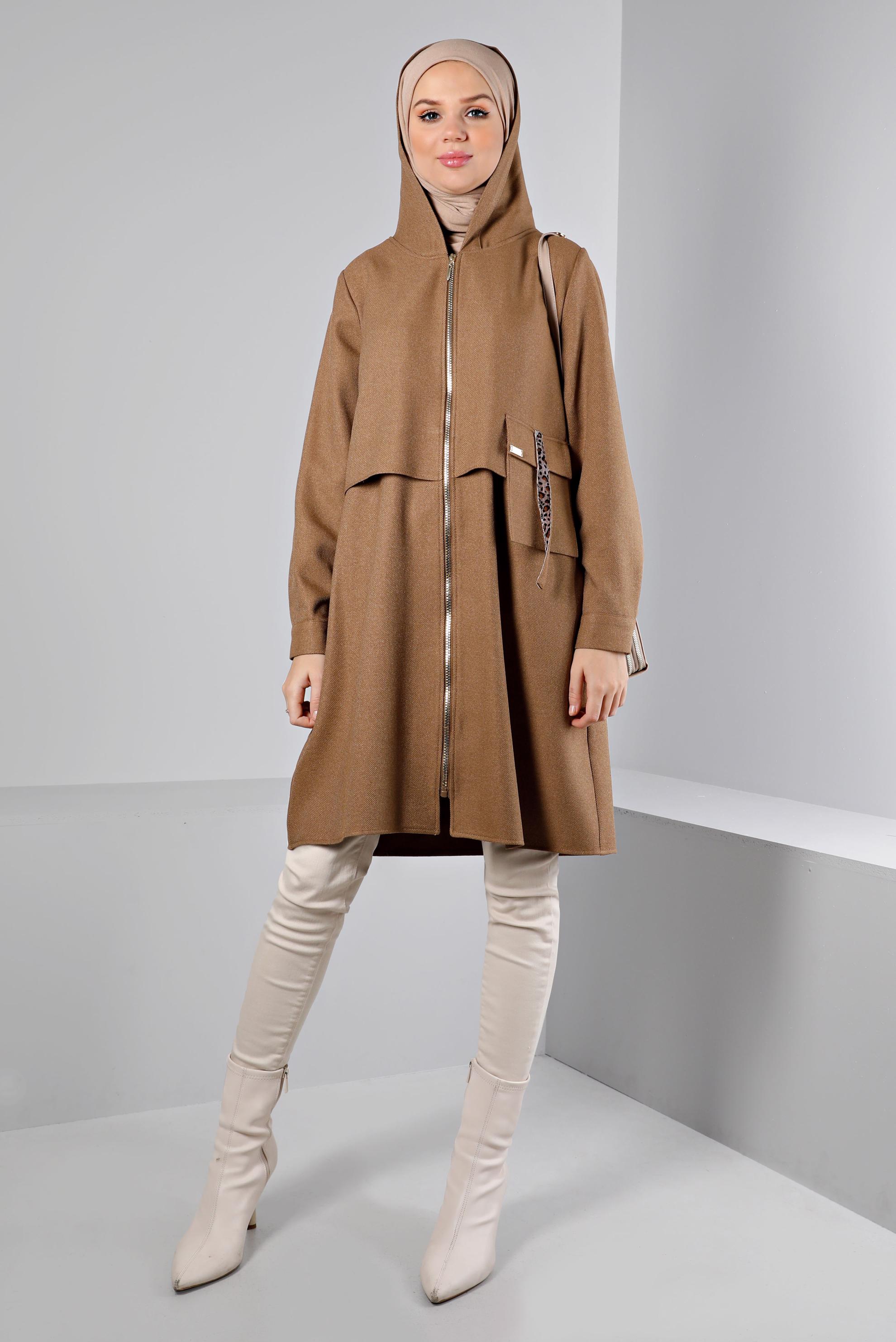 Tesettür giyim KAHVE CEP DETAYLI FERMUARLI TUNİK 43420 