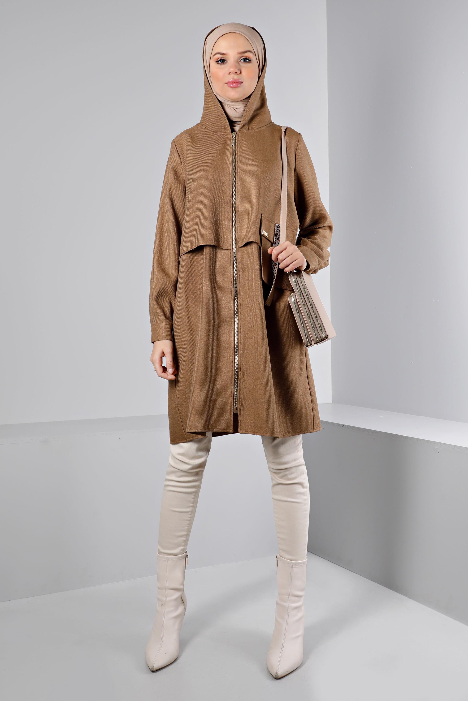 Tesettür giyim KAHVE CEP DETAYLI FERMUARLI TUNİK 43420 